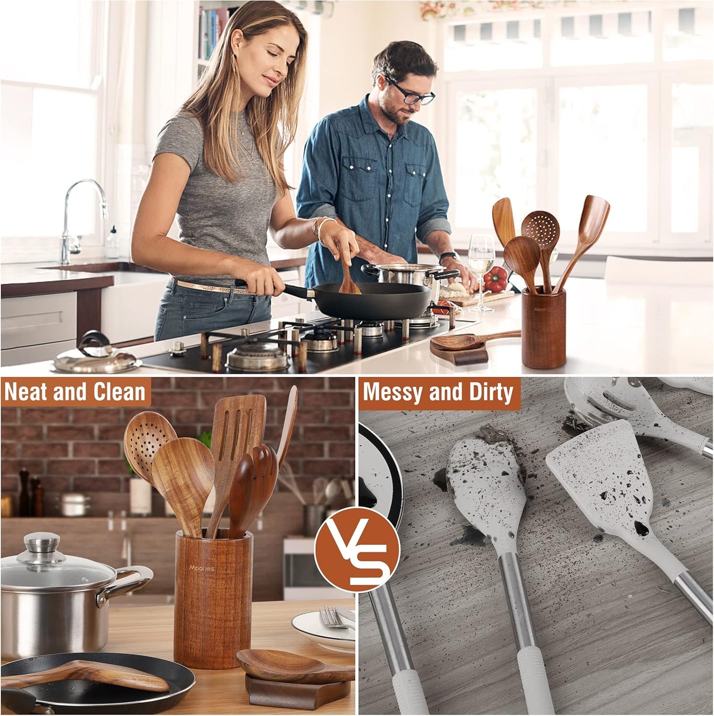 9‑Piece Natural Teak Wooden Kitchen Utensil Set with Spoon Rest and Holder