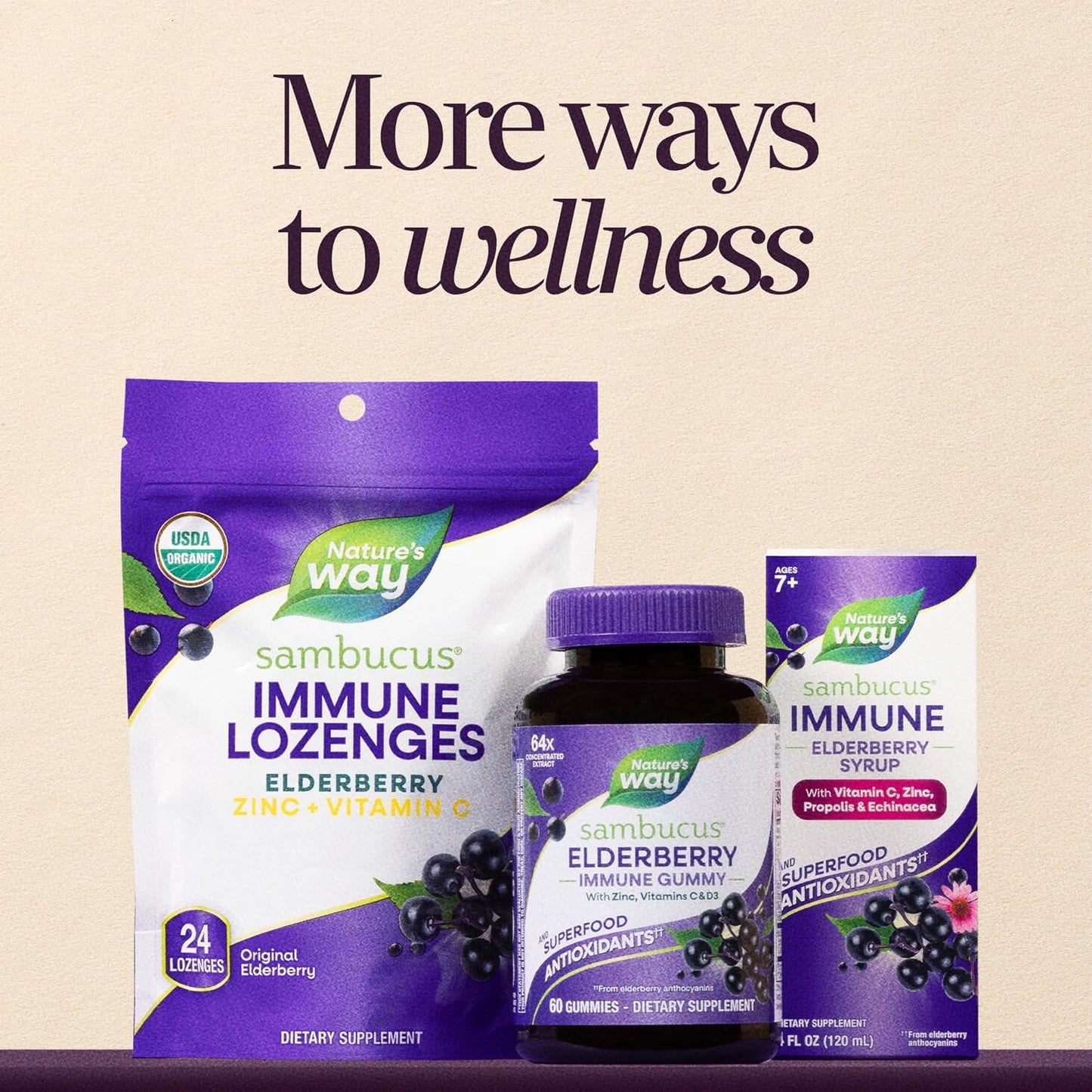 Nature's Way Sambucus Elderberry Gummies, Immune Support Gummy for Adults & Kids Ages 4+ with Black Elderberry Extract, Vitamin C, Vitamin D3, and Zinc*, 60 Gummies