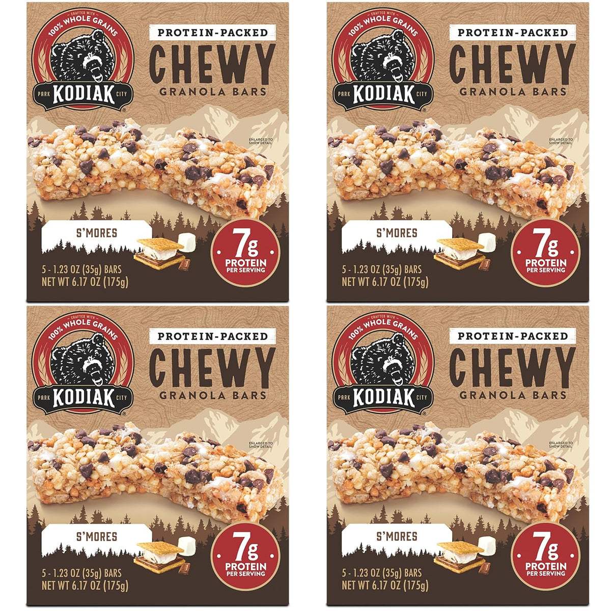 Kodiak Cakes Chewy Granola Snack Bars, S'mores, High Protein, 100% Whole Grains, Pack of 4
