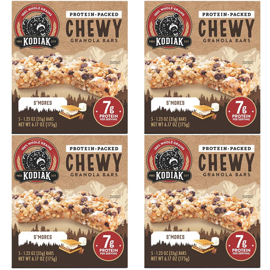 Kodiak Cakes Chewy Granola Snack Bars, S'mores, High Protein, 100% Whole Grains, Pack of 4