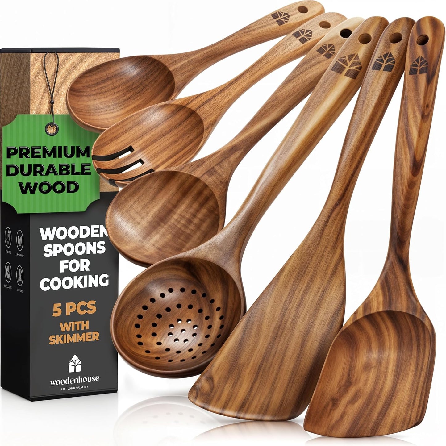 Wooden Spoons for Cooking, Teak Wood Kitchen Utensil Set – Multipack | Comfortable Grip, Non-Stick, Food-Safe & Easy to Clean Natural Cookware