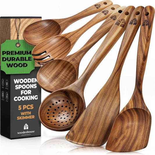 Wooden Spoons for Cooking, Teak Wood Kitchen Utensil Set – Multipack | Comfortable Grip, Non-Stick, Food-Safe & Easy to Clean Natural Cookware