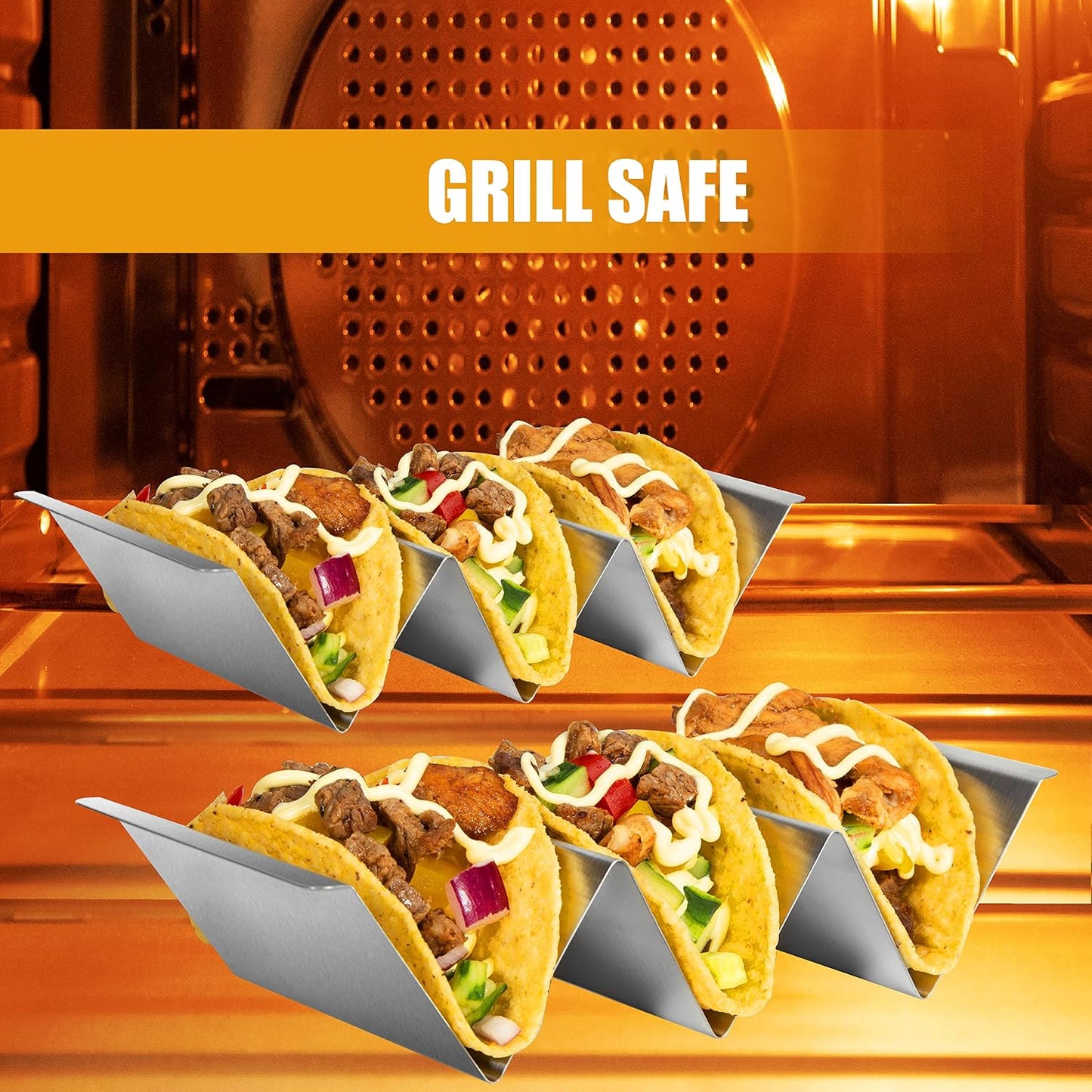 Taco Holders Set of 6, Taco Stand, Stainless Steel Taco Holder, with Easy-Access Handle, Each Can Hold 2 To 3 Tortillas, Oven Safe for Baking, Dishwasher Safety