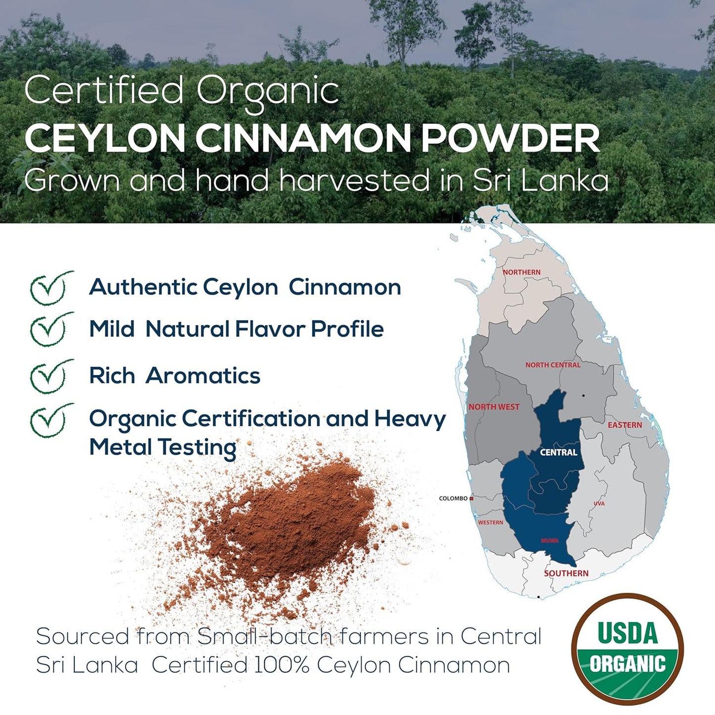 One Farm Organic Ceylon Cinnamon premium Sri Lanka Cinnamon, freshly ground, non-gmo, fair-trade, gluten-free in reusable jar