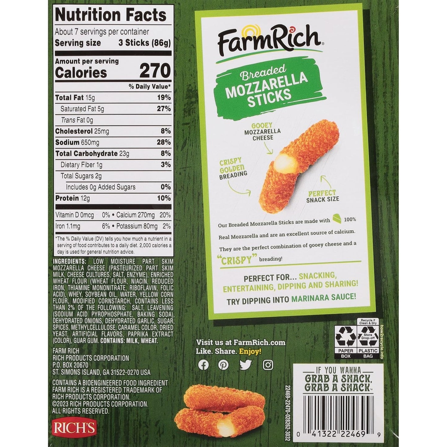 Farm Rich Breaded Mozzarella Cheese Sticks, 22 oz, Frozen Party Appetizer & Snack