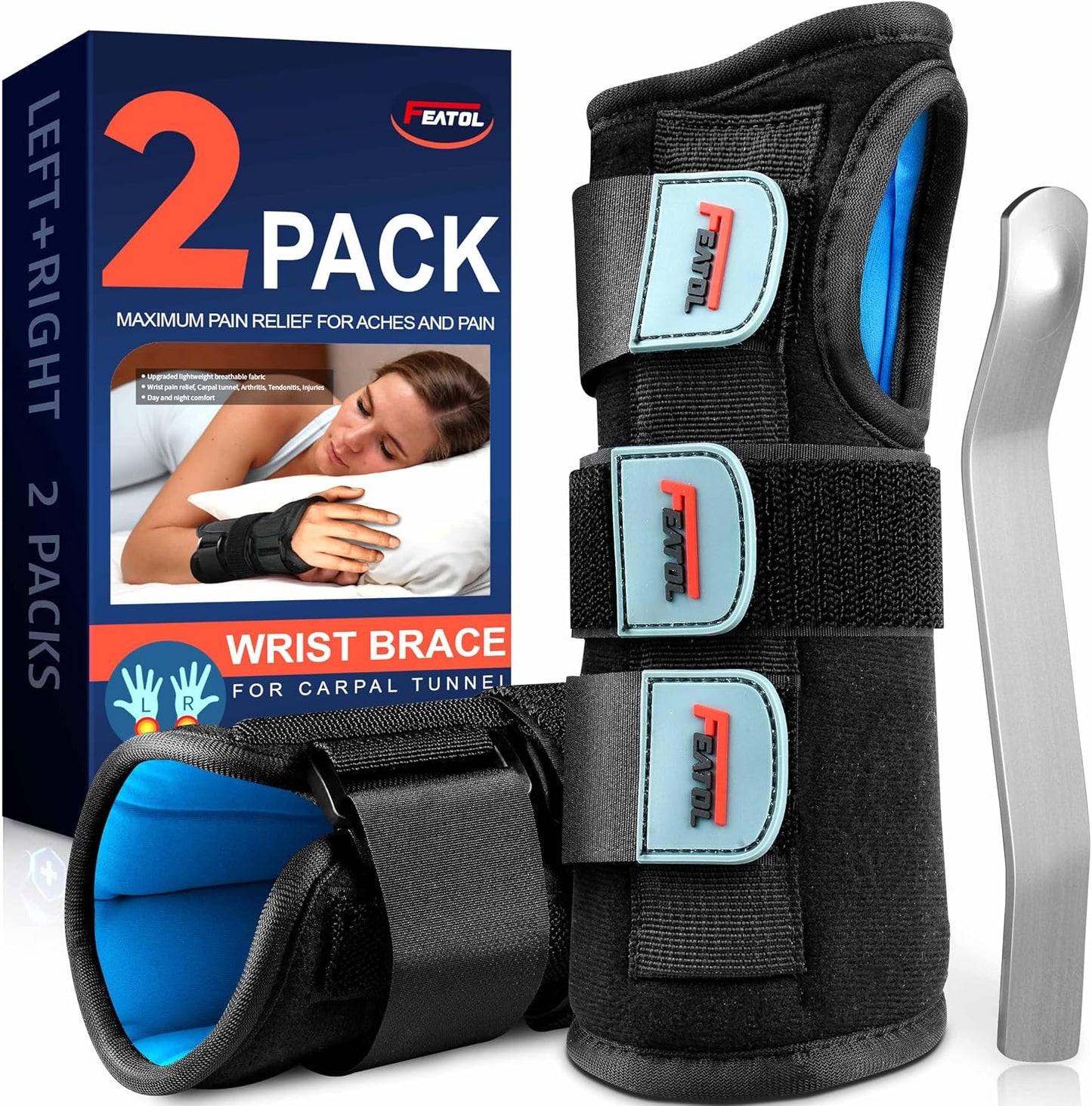 Featol Carpal Tunnel Wrist Brace Night Support 2 Pack for Pain Relief