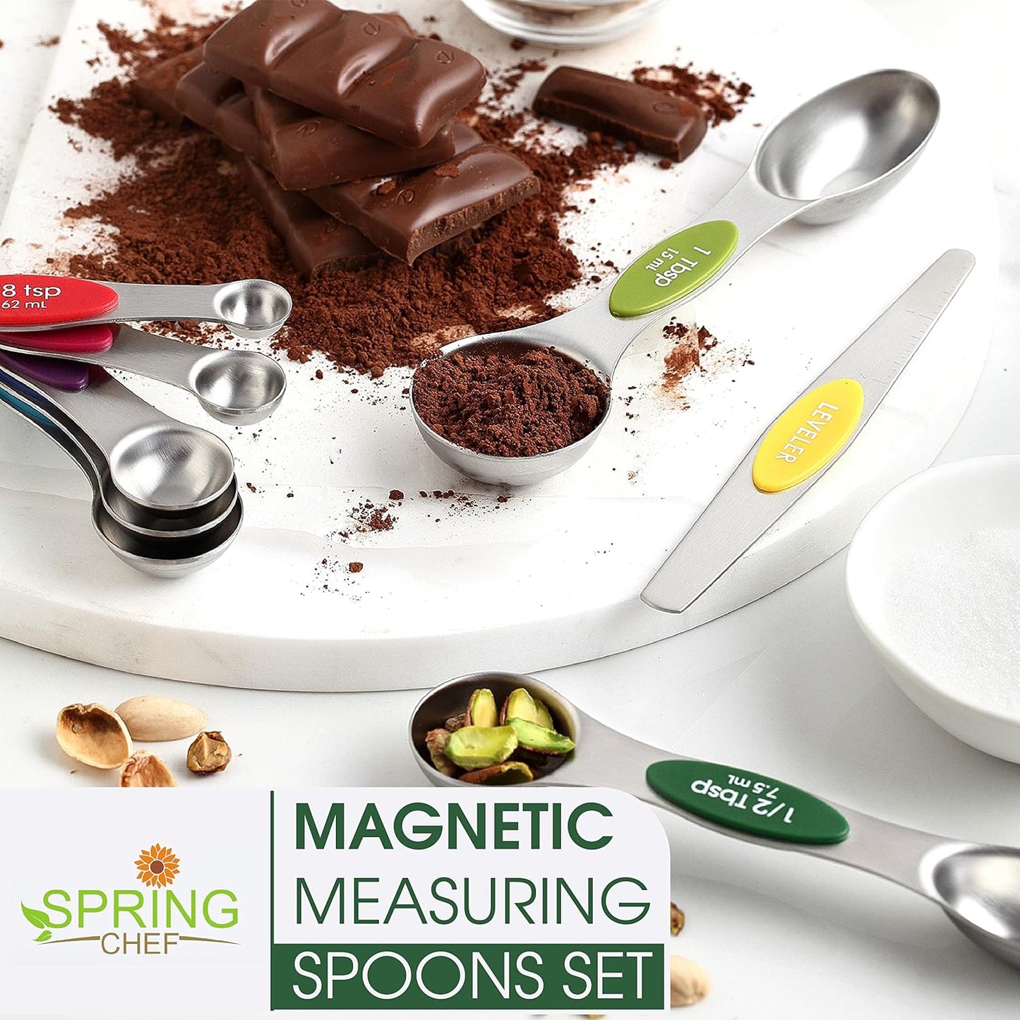 Spring Chef Magnetic Measuring Spoons Set of 8 for Kitchen, Multicolor | Stainless Steel Teaspoon & Tablespoon Measuring Spoons with Leveler for Dry & Liquid Ingredients, Dual Sided, Dishwasher Safe