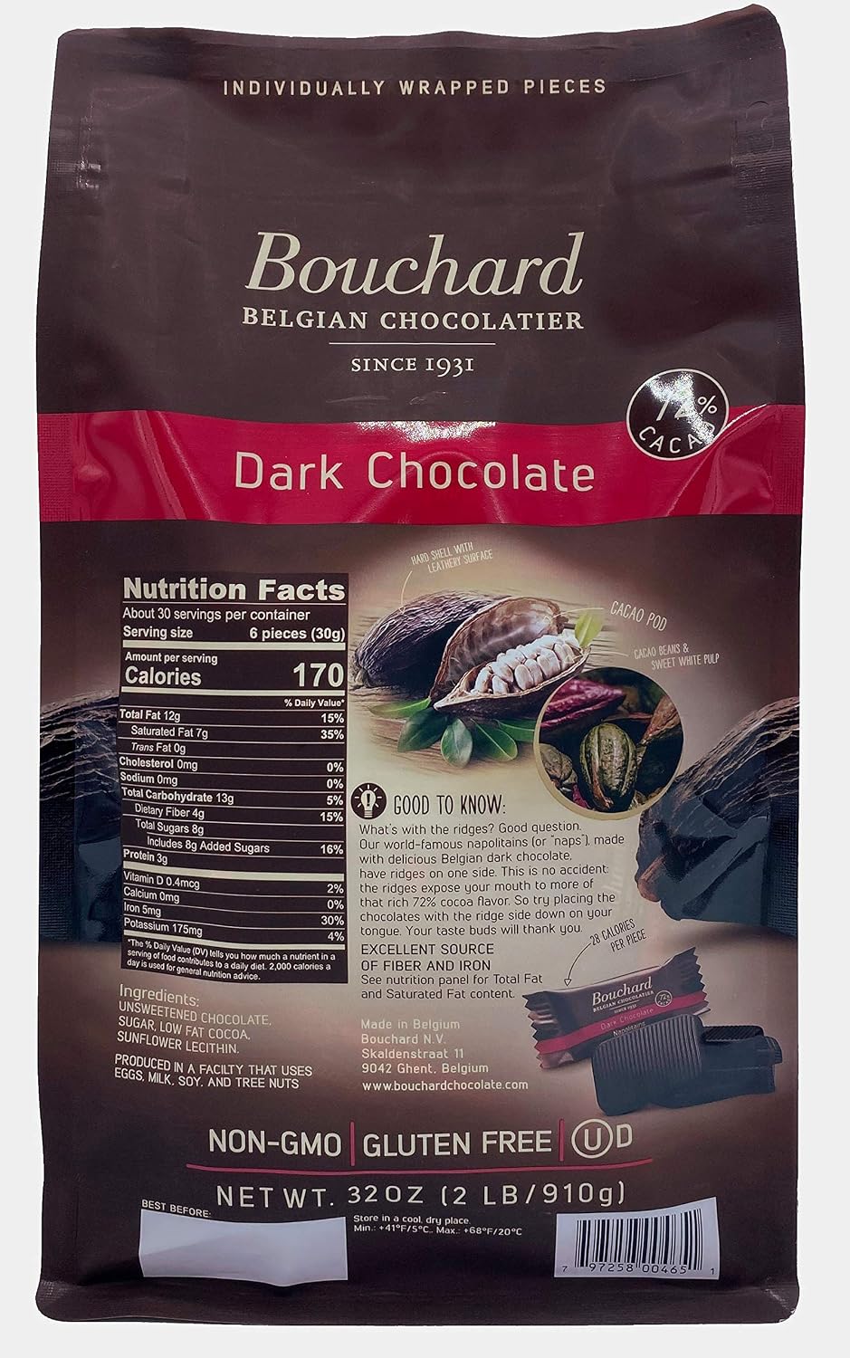 Bouchard Premium Belgian Dark Chocolate with 72% Cacao | Individually Wrapped Pieces (2 LB)