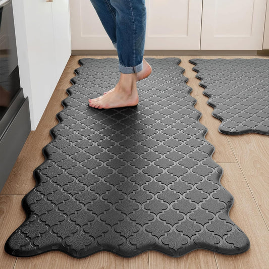 Arenarug Upgrade Scalloped Embossed Kitchen Mats for Floor 2PCS Cushioned Anti Fatigue Waterproof Foam Kitchen Rugs Non Slip Washable Comfort Standing Mat for Office Sink Laundry, Black