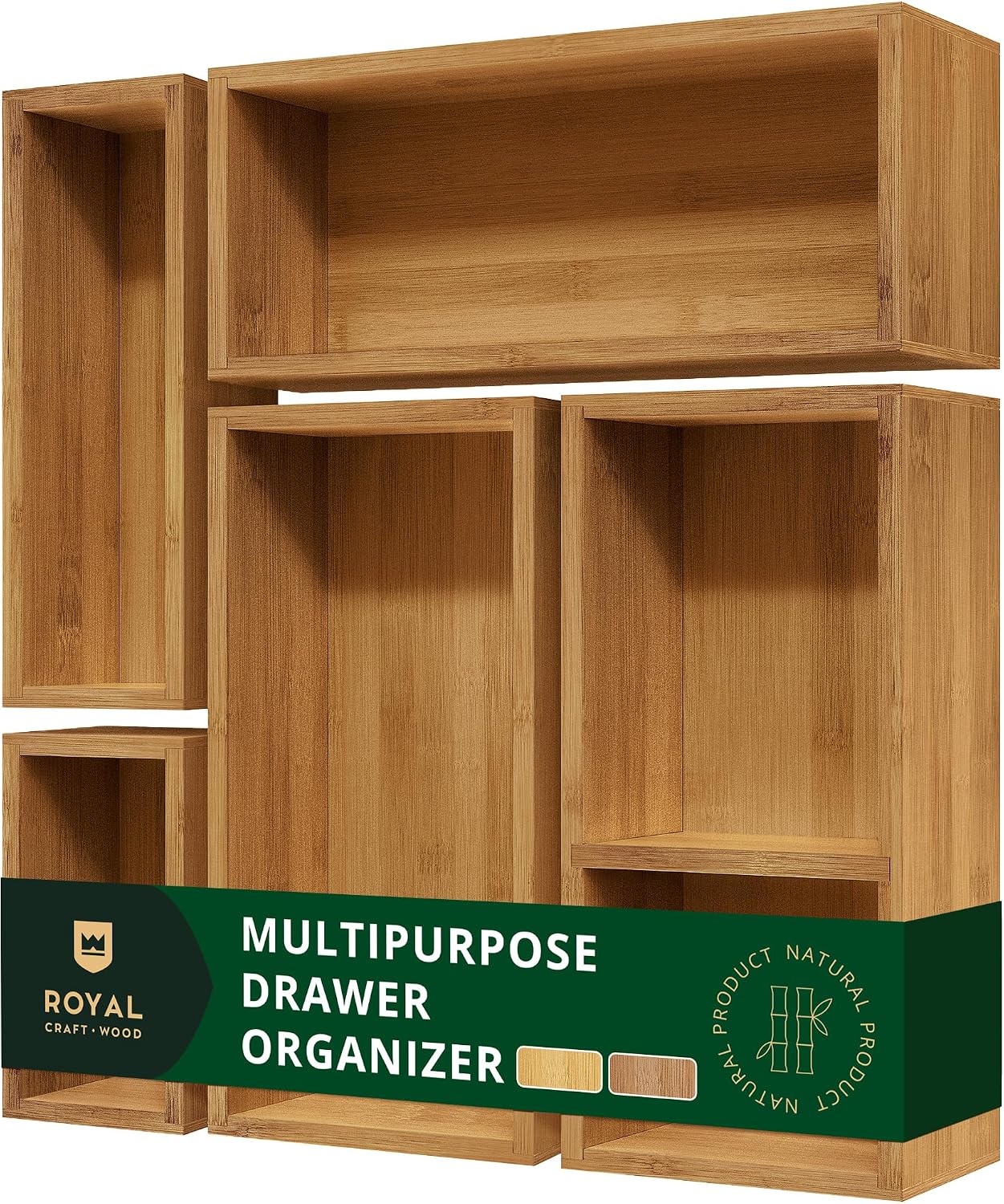 ROYAL CRAFT WOOD 5-Piece Bamboo Drawer Organizer Set – Multi-Use Storage Trays for Kitchen, Bathroom, Office, Makeup, Jewelry & More – Junk Drawer Tray, Utensil Holder, Storage Box & Bin Set (5 Boxes)