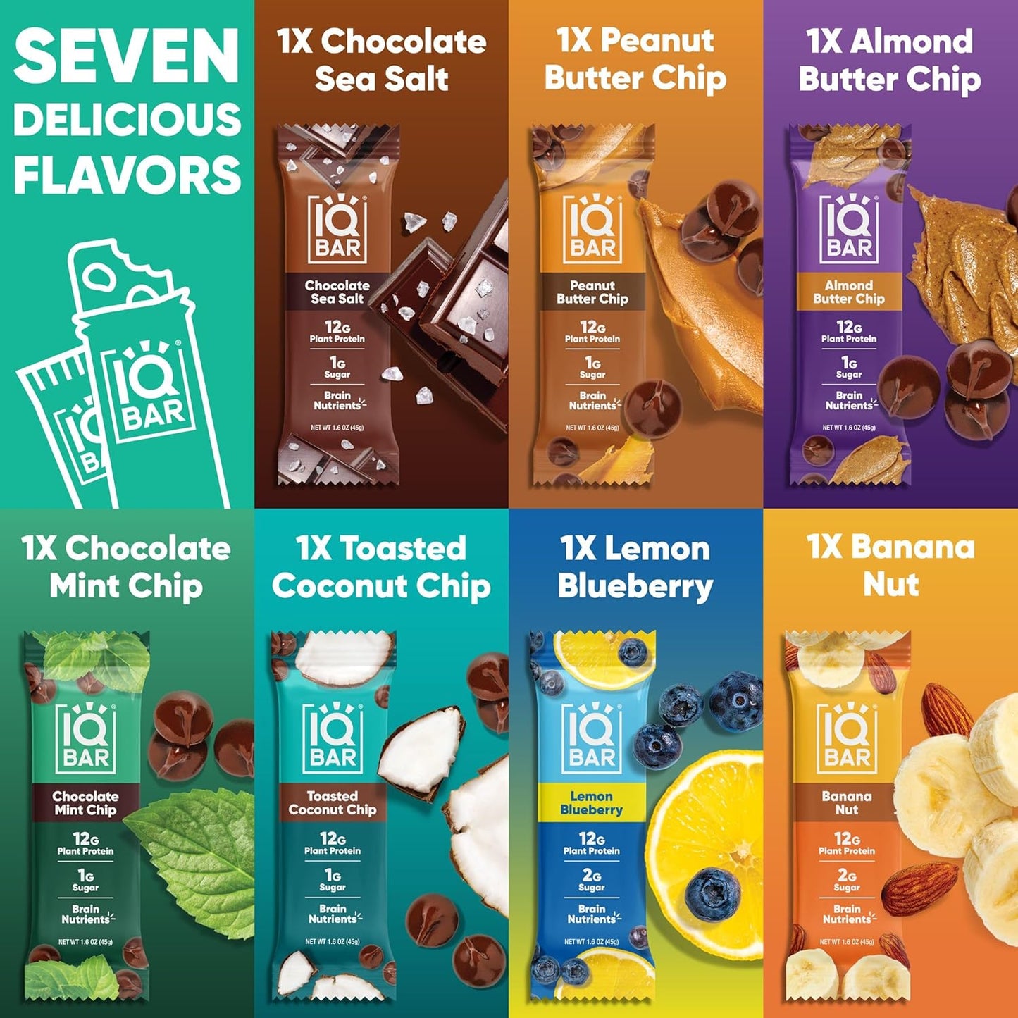 IQBAR Plant Protein Bars - 7 Count - Gluten and Dairy Free, Low Sugar Snack