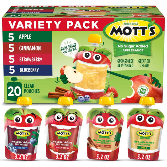 motts no sugar added applesauce variety pack, 4 flavors - apple, strawberry, cinnamon & blueberry, made from real fruit, 20 pack
