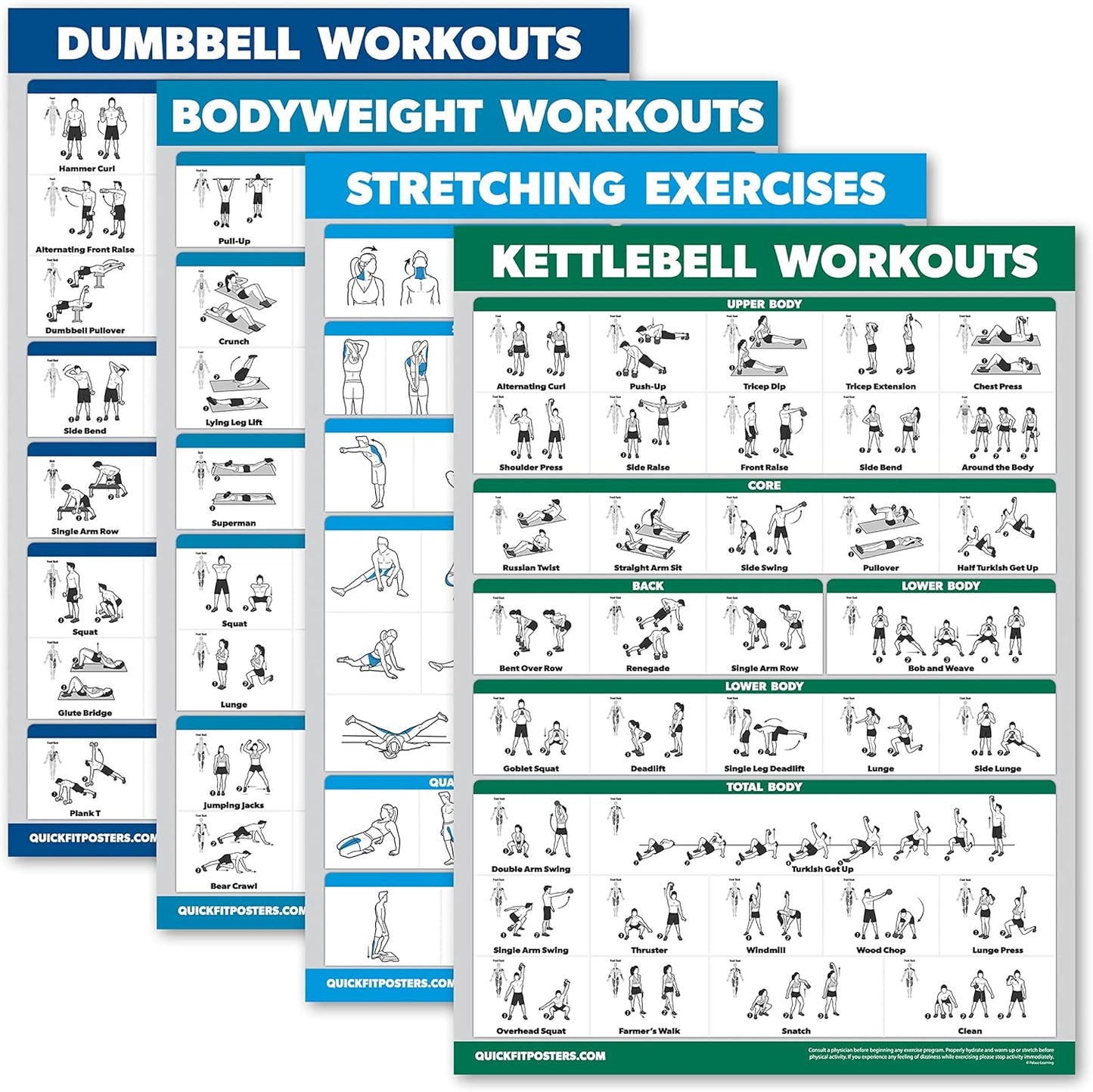 Palace Learning 4 Pack Workout Charts - Dumbbell, Bodyweight, Stretching, Kettlebell Exercises