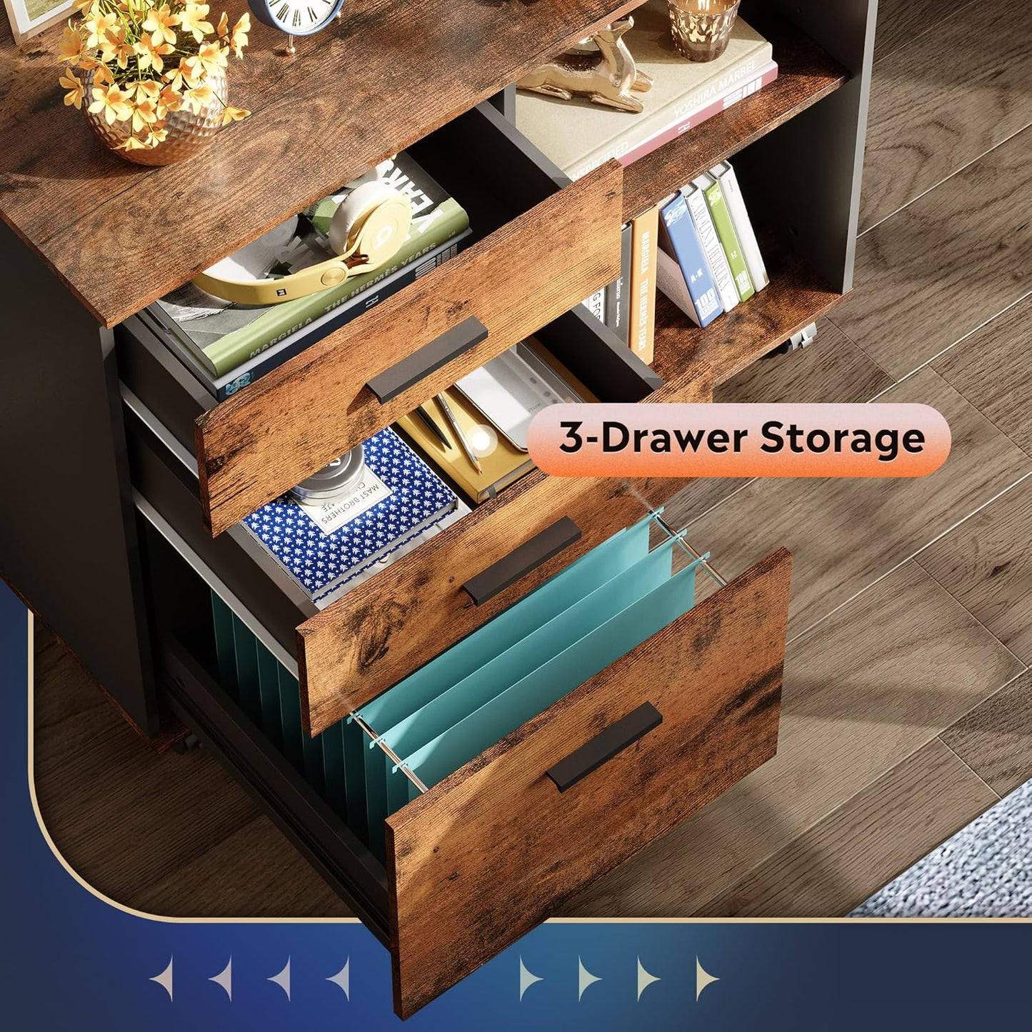 DEVAISE 3 Drawer Mobile File Cabinet, Wood Lateral Filing Cabinet, Printer Stand with Open Shelves for Home Office, Rustic Brown
