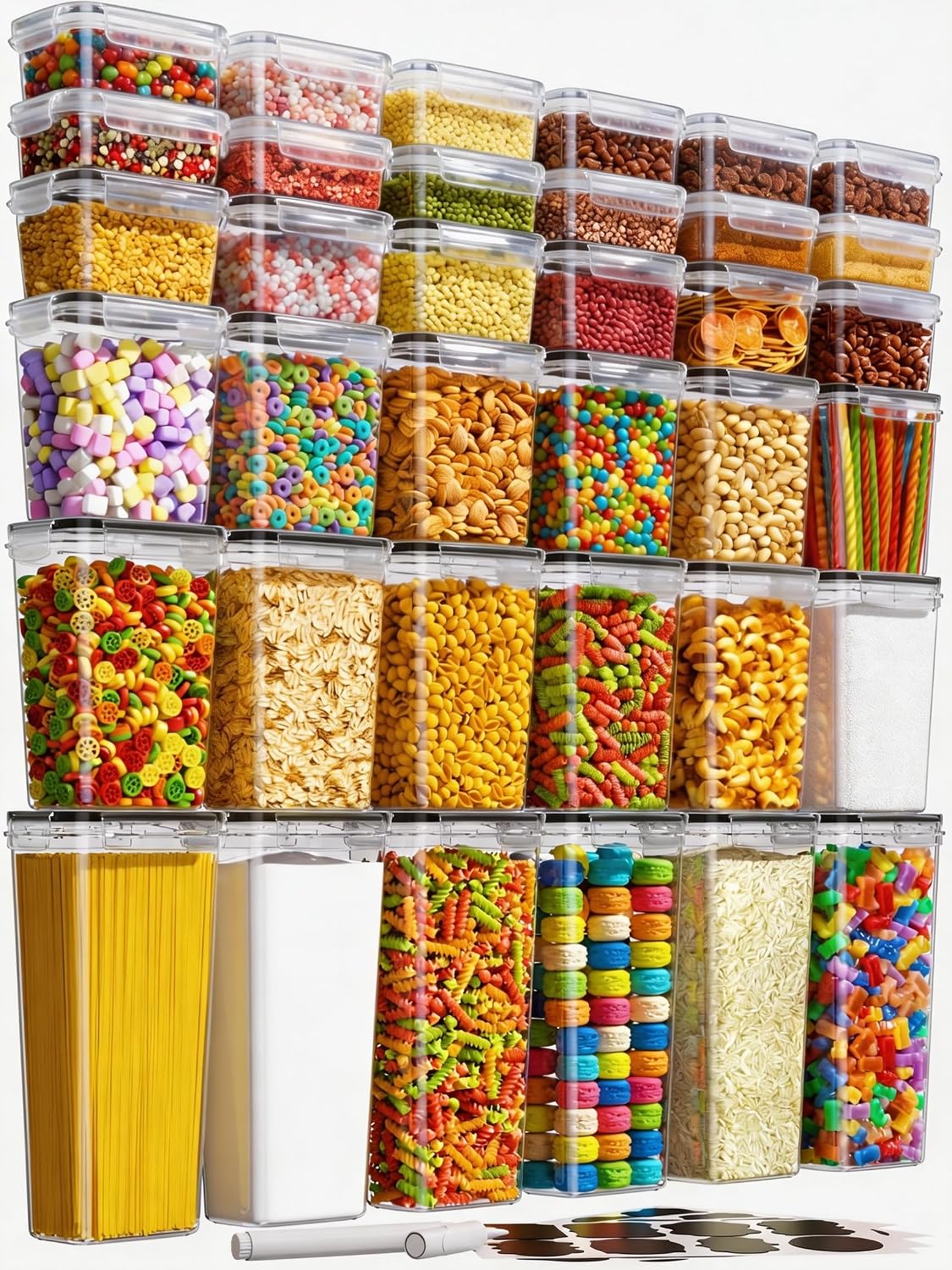 Airtight Food Storage Containers with Lids, 24 PCS Kitchen and Pantry Organization Canisters, BPA-Free, PVC-Free, Food-grade Plastic Leak-proof Jars for Cereal, Flour, Sugar, Extra 24 Labels & Marker