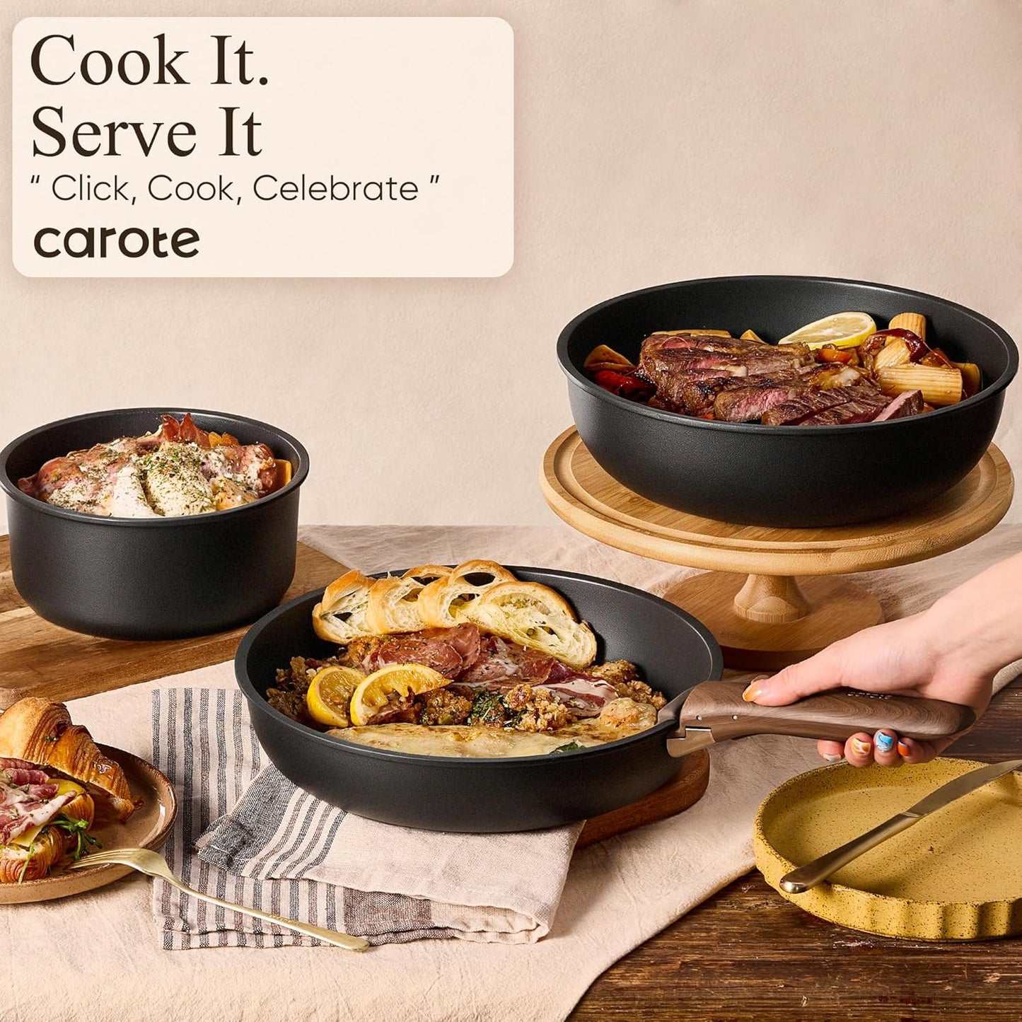 CAROTE 19pcs Pots and Pans Set Non Stick, Detachable Handle Cookware Set | Induction Compatible, Dishwasher & Oven Safe, Space Saving, for Camping/RV/Traveling, Kitchen Cooking Set, Black
