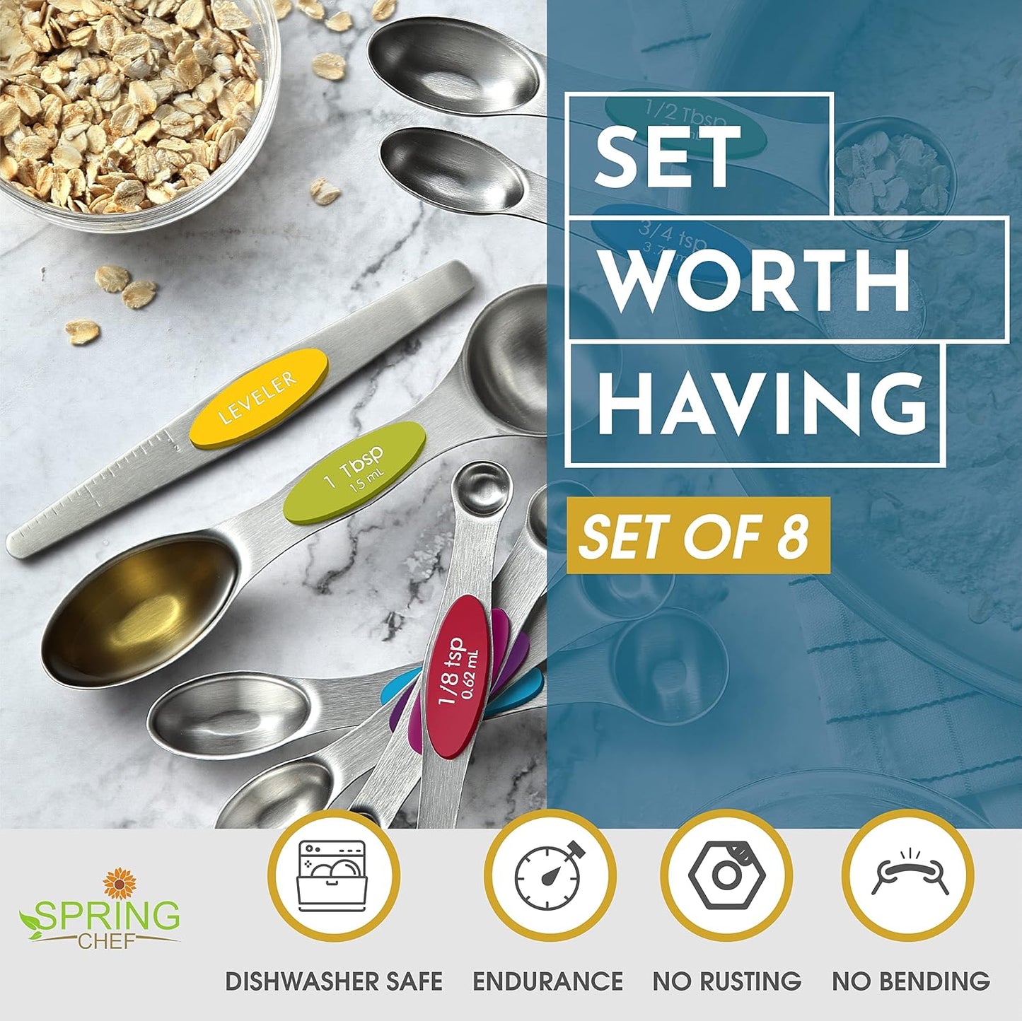 Spring Chef Magnetic Measuring Spoons Set of 8 for Kitchen, Multicolor | Stainless Steel Teaspoon & Tablespoon Measuring Spoons with Leveler for Dry & Liquid Ingredients, Dual Sided, Dishwasher Safe