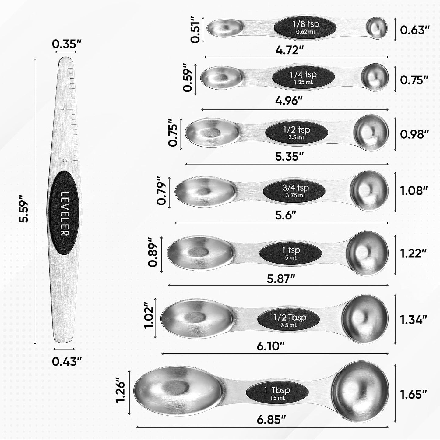Spring Chef Stainless Steel Magnetic Measuring Spoons Set of 8, Black | Dual Sided Metal Teaspoon & Tablespoon Measuring Spoons with Leveler for Dry & Liquid Ingredients, Nesting, Dishwasher Safe