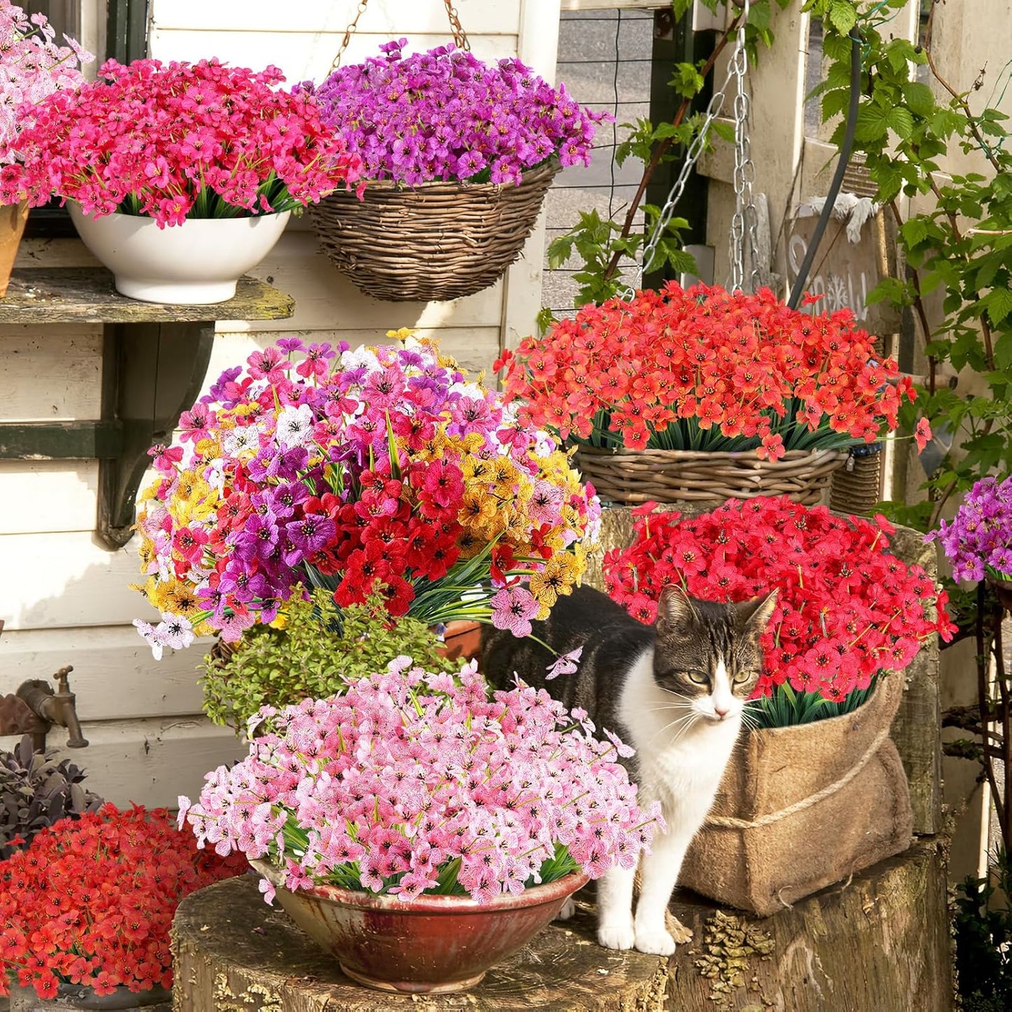 24 Bundles Artificial Flowers for Outdoor,No Fade Fake Plastic Flowers Faux Plants for Decoration Hanging Planters Indoor Outside Garden Porch Window Box Home Wedding Farmhouse