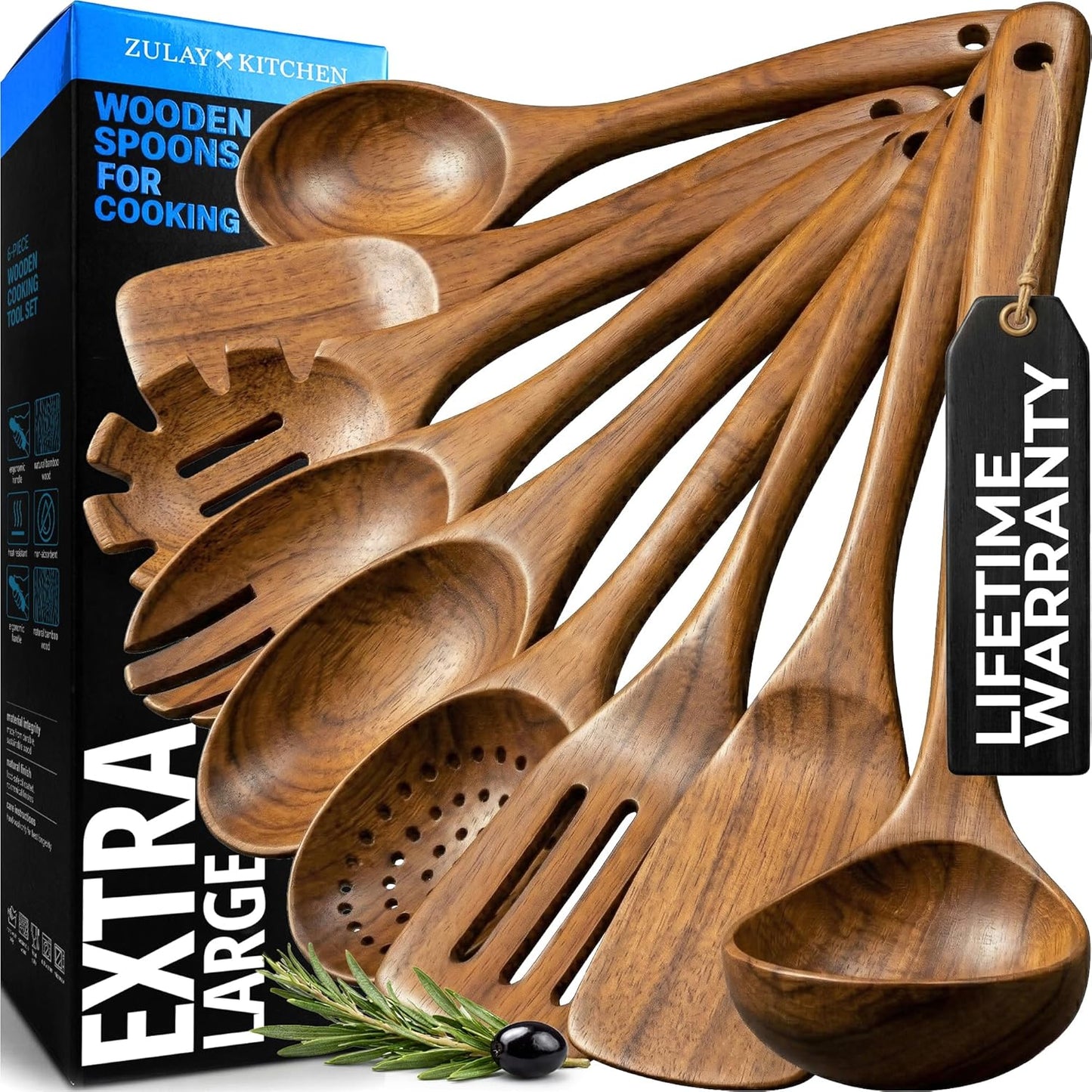 Zulay Kitchen 6 Piece Wooden Spoons for Cooking – Natural Teak Wooden Utensil Set, Easy to Clean, Durable, Smooth with Comfort Grip - Non Toxic Wooden Cooking Utensil Sets