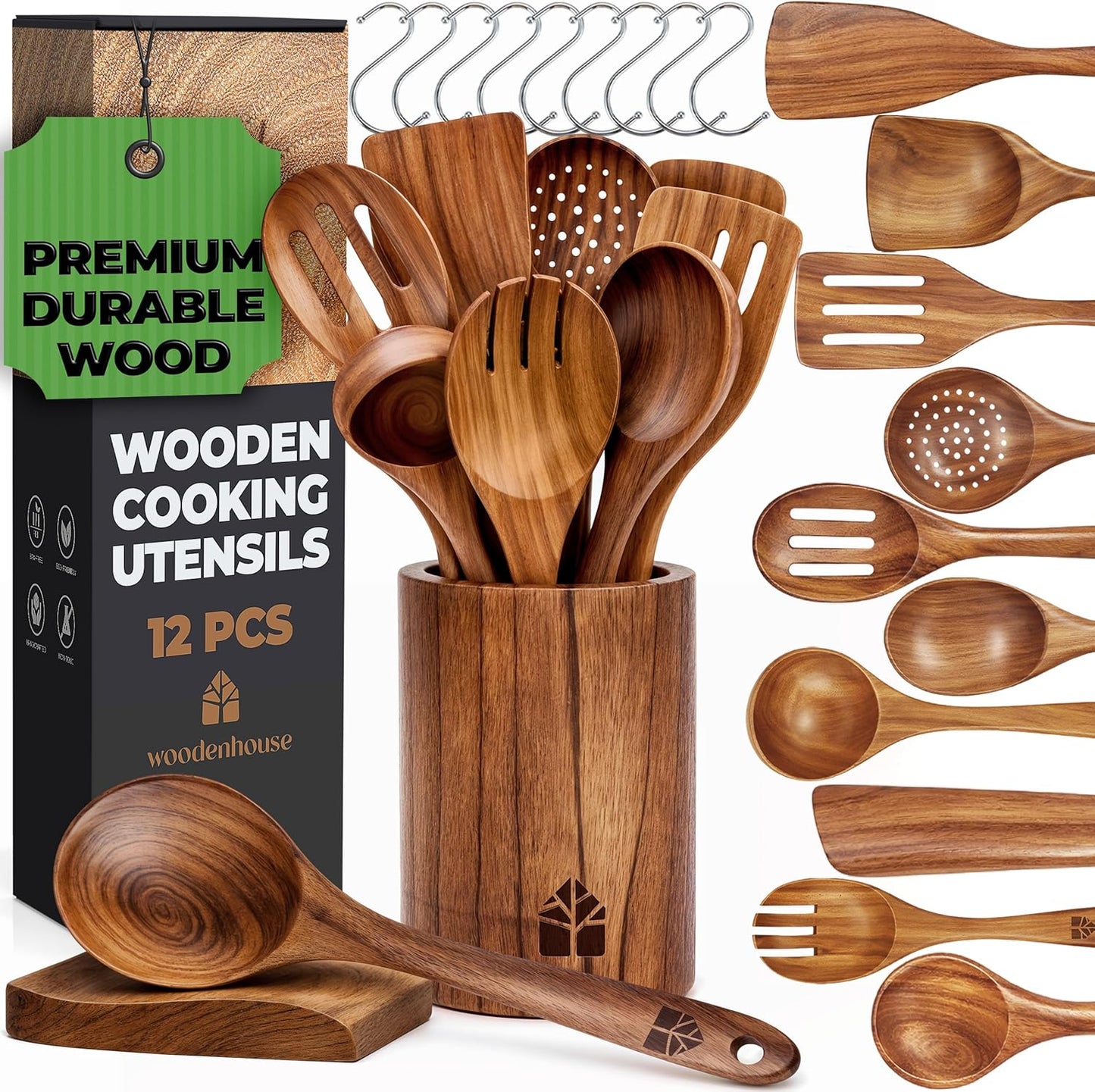 Wooden Utensil Set, 8 Pcs Teak Wooden Spoons for Cooking with Holder | Includes Spatula, Turner, Ladle, Skimmer, Spoon Rest & 6 Hooks – Sturdy, Non-Scratch, Easy to Clean