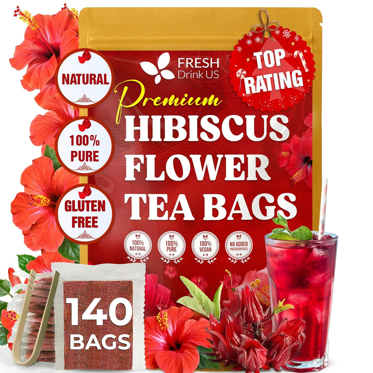 100% Natural Hibiscus Flowers Tea Bags, Loose Flower Herbal Tea, No Sugar, No Caffeine, No Gluten, Vegan