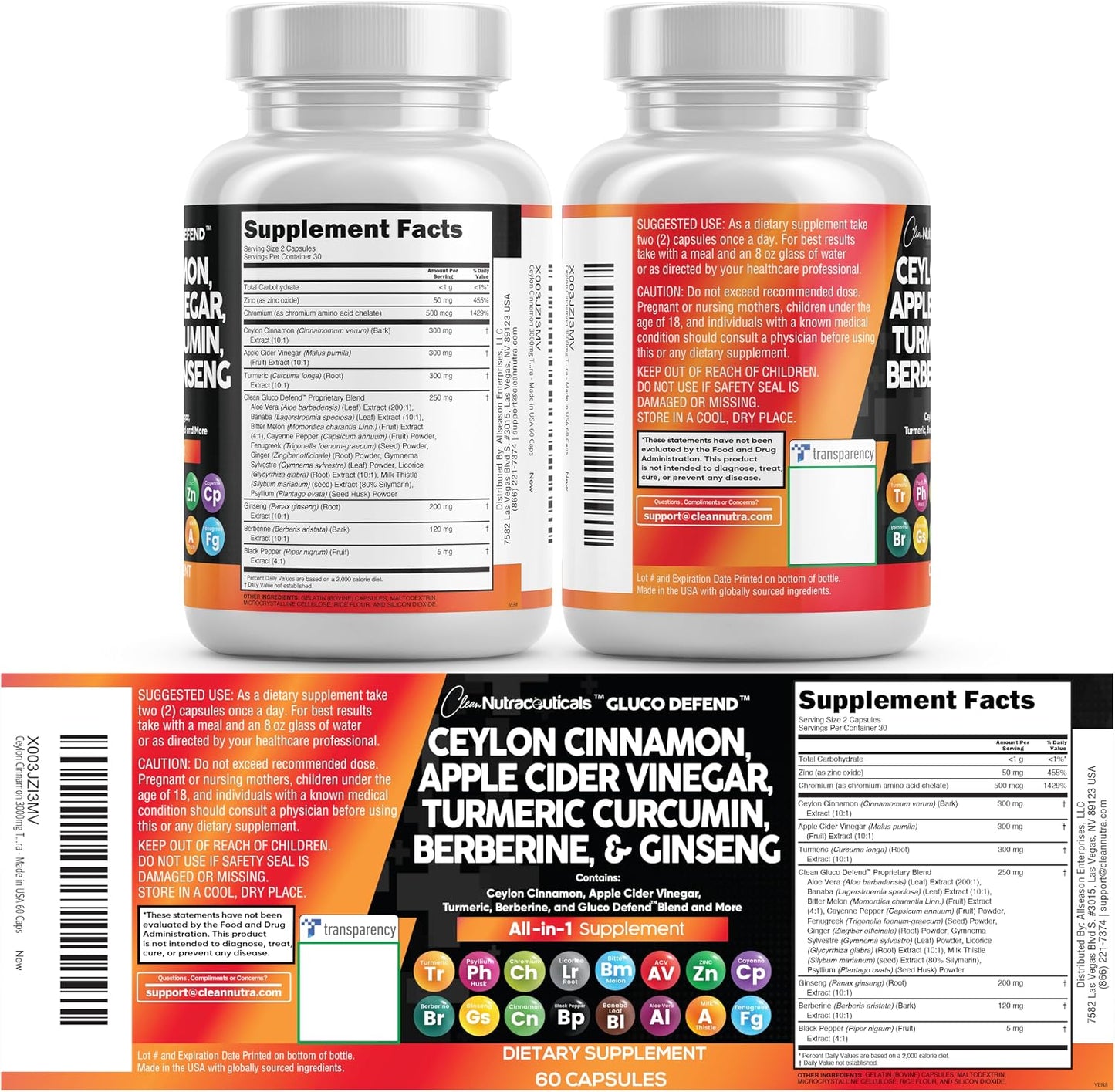 Clean Nutraceuticals Ceylon Cinnamon Capsules with Berberine Turmeric and Apple Cider Vinegar Supplement