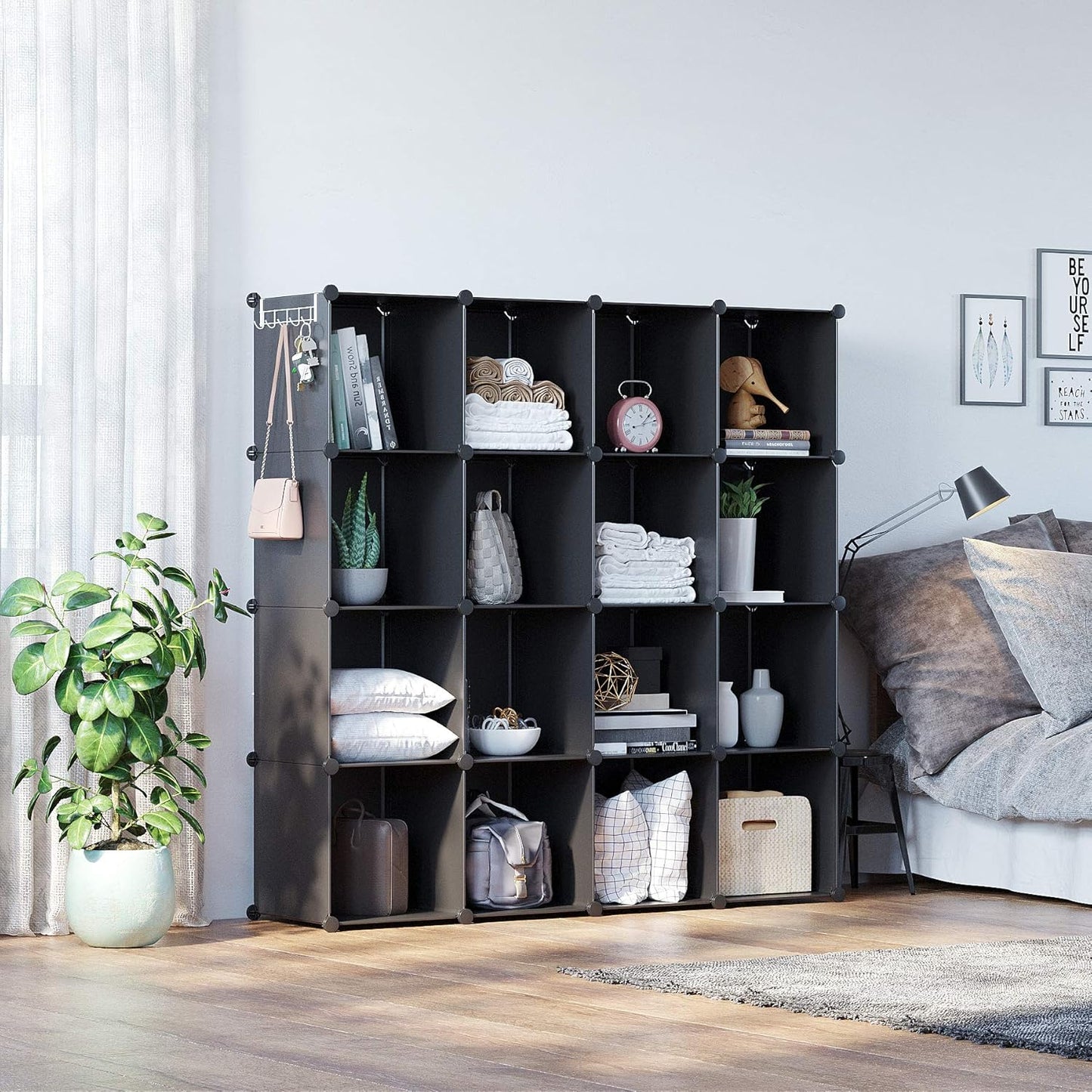 C&AHOME Cube Storage Organizer, 16-Cube Shelves Units, Plastic Storage Cubes, DIY Closet Organizer, Modular Closet Storage Shelves Ideal for Home, Bedroom, 48.4" L × 12.4" W × 48.4" H Black SUM3016H