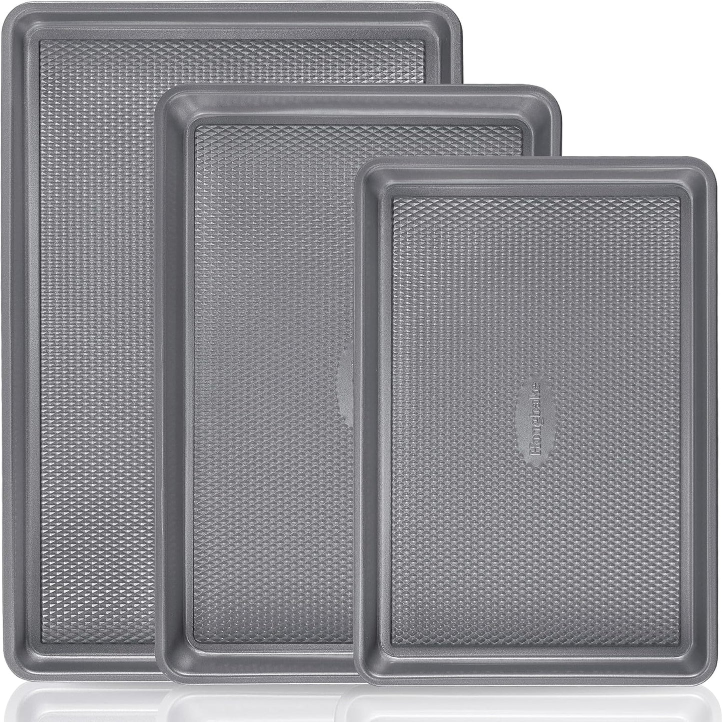 HONGBAKE Baking Sheet Pan Set of 3, Cookie Sheets for Oven, Nonstick Half/Quarter/Jelly Roll Pans with Diamond Texture Pattern, 0.8mm Thick Heavy Duty Cookie Tray, Champagne Gold