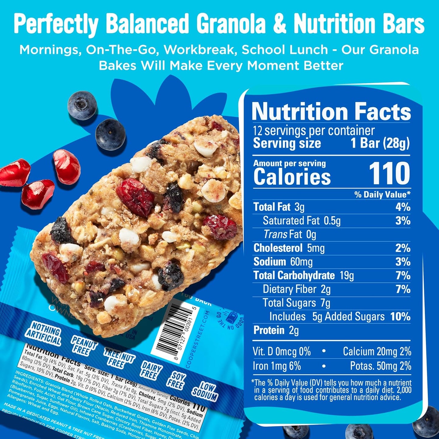 Soft Baked Granola Bars with Blueberry Pomegranate Flavor, 12 Count, Nut and Dairy Free