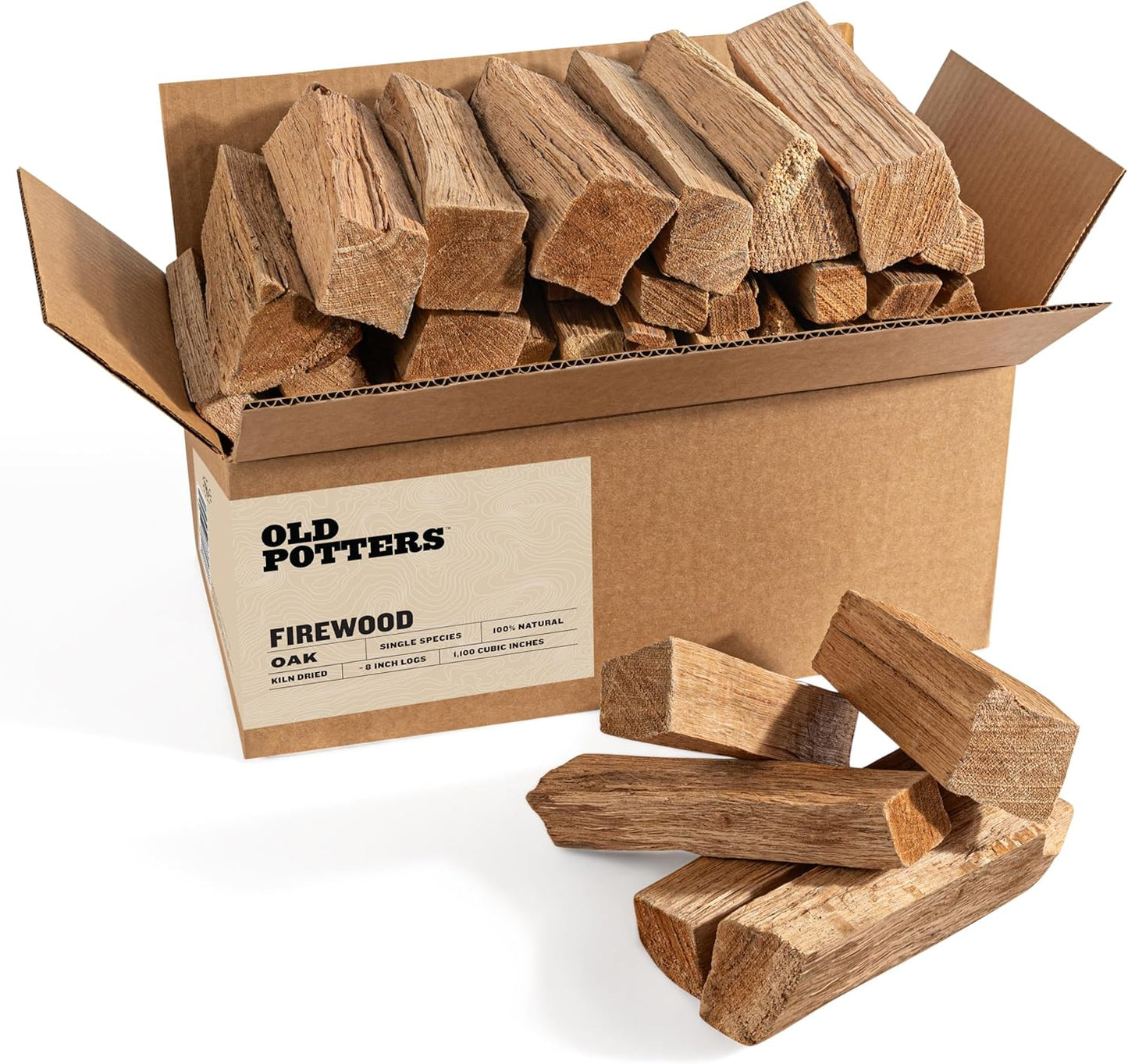Old Potters Kiln Dried Firewood - Oak, 1100 Cu. in, 16-18 Logs ~ 8" x 2.5" Logs. Cooking Wood for Grilling, Smoking, and Firepits, Oak.