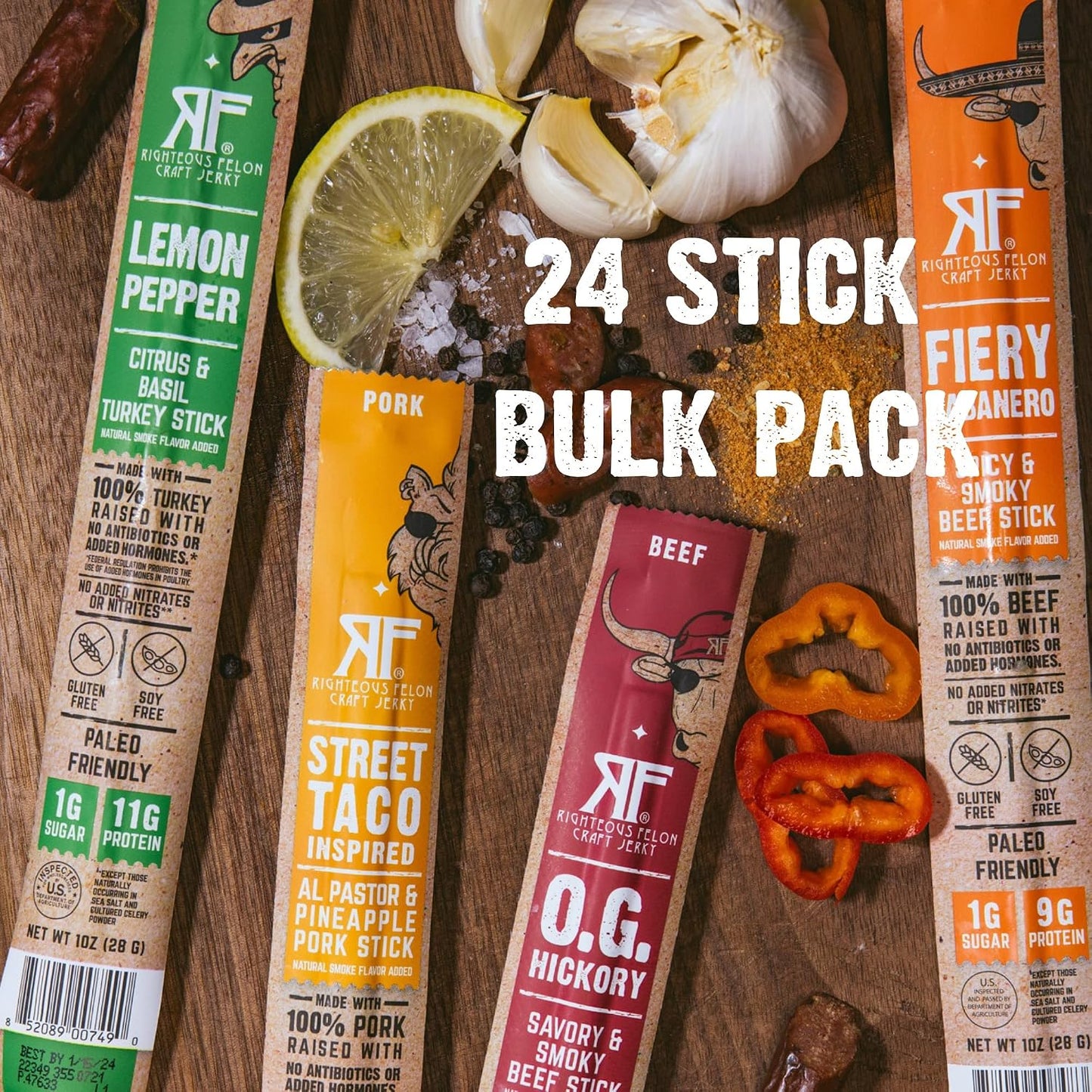 Righteous Felon Variety Meat Sticks, 24 Count, Individually Wrapped, Jerky Variety Pack