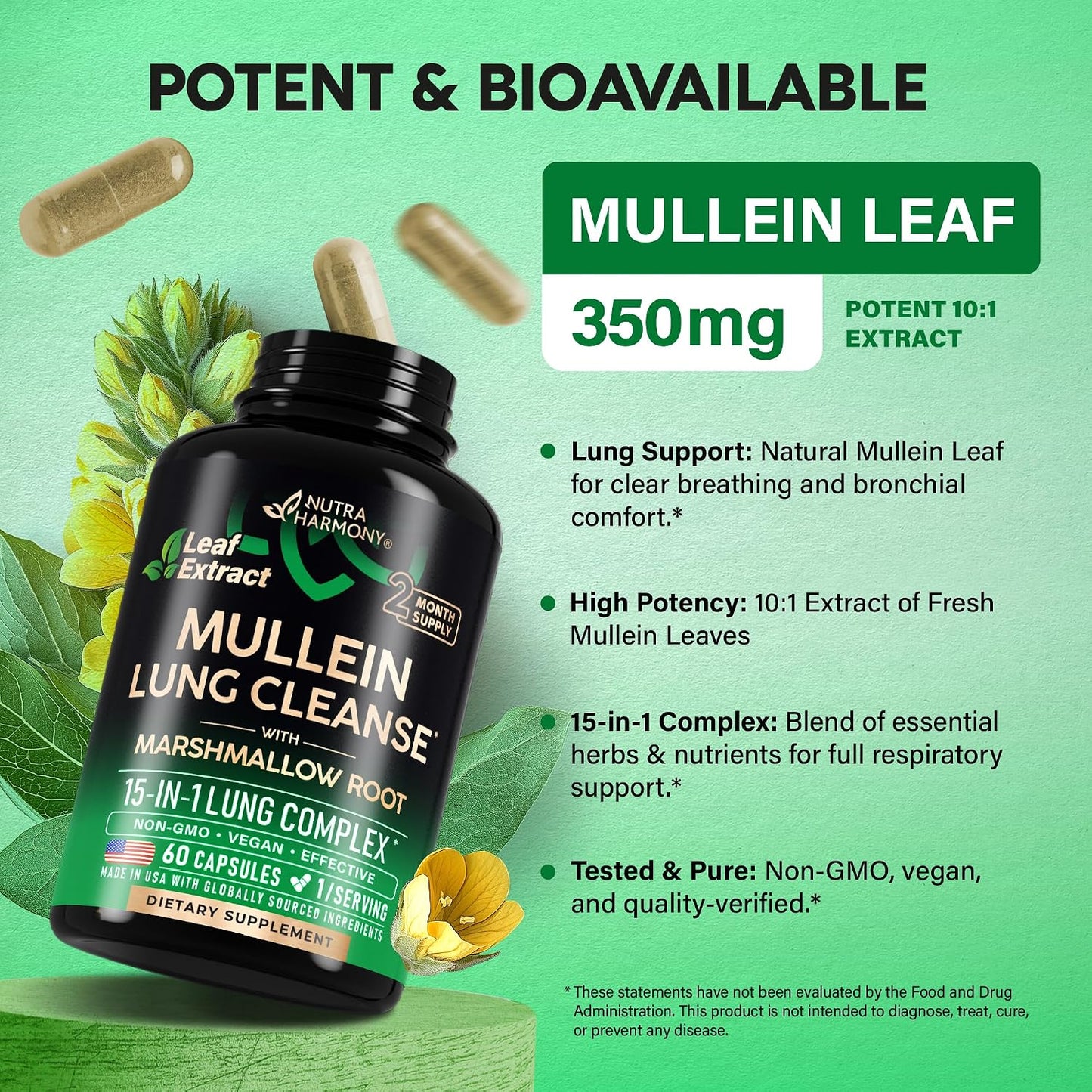 Mullein Lung Detox Supplement with Mullein Leaf 10:1 Extract and 15-in-1 Lung Support