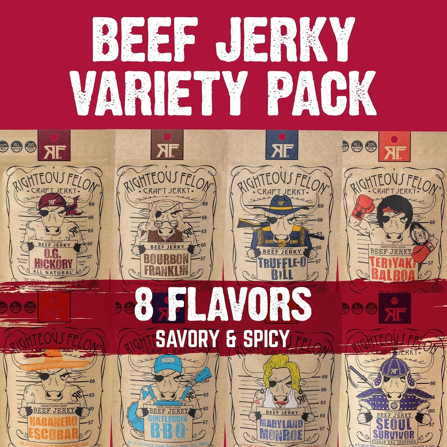 Righteous Felon Beef Jerky Variety Pack, 8 Pack Sampler, Gluten Free, High Protein, Keto, Low Sugar