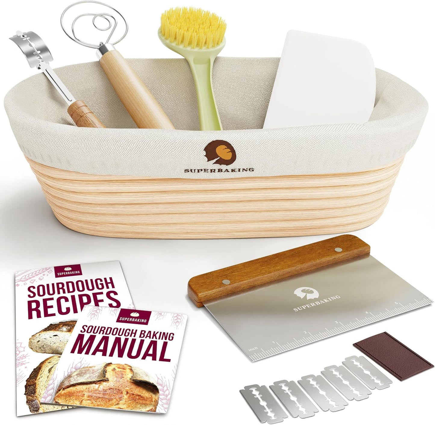 Superbaking Sourdough Starter Kit: 9" Banneton Basket, Silicone Sling & Jar | Non-Stick Silicone Dough Sling, Glass Starter Jar Kit, Splinter-Free, Sourdough Bread Baking Supplies