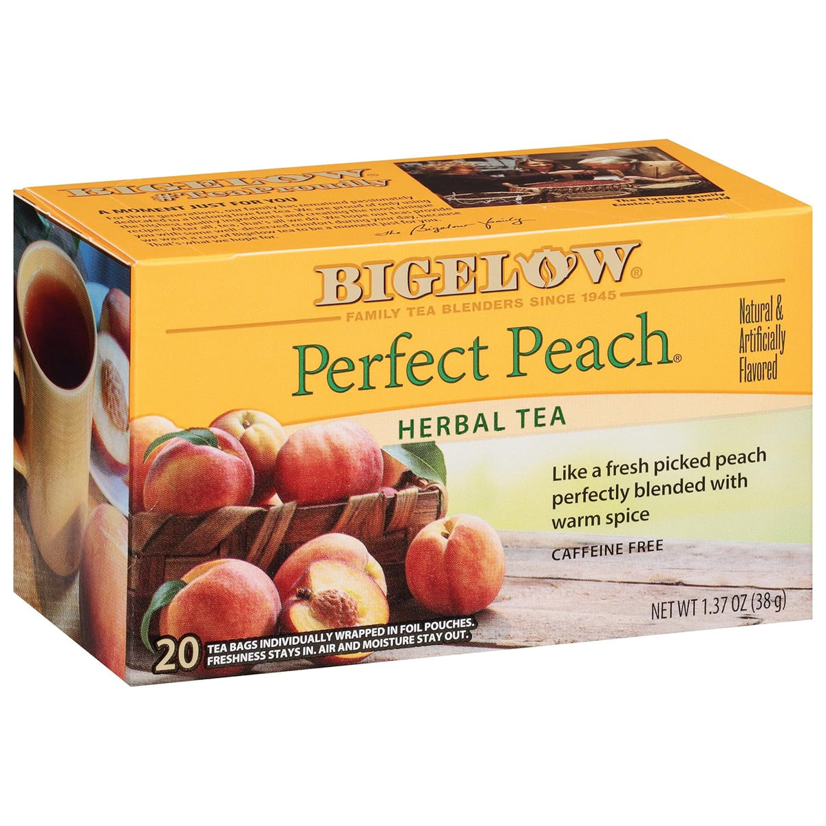 Bigelow Tea Perfect Peach Herbal Tea Bags, Caffeine Free, 20 Count, Pack of 6
