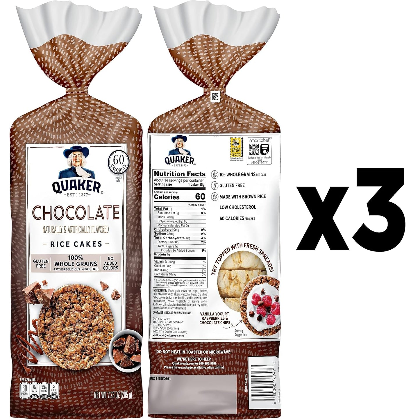 Quaker Large Rice Cakes, Chocolate, 7.23 oz Bags, 3 Pack, Gluten Free, Whole Grain