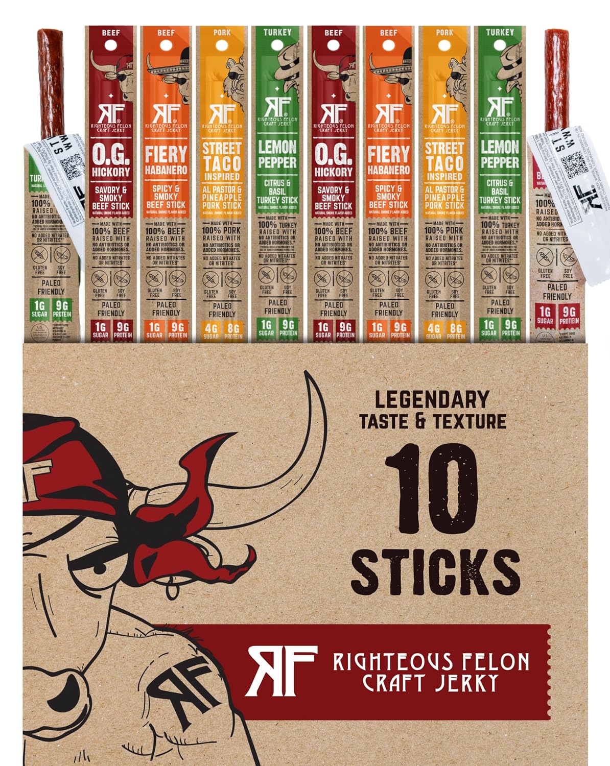 Righteous Felon Variety Meat Sticks, 100% Grass Fed Beef, Turkey & Pork, 10 Count