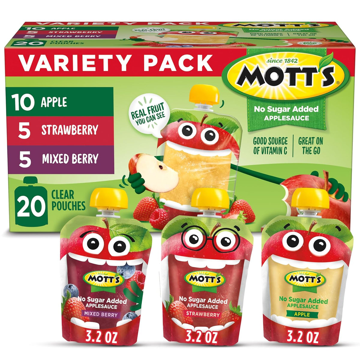 Mott's No Sugar Added Applesauce Variety Pack, 3 Flavors, 20 Pack