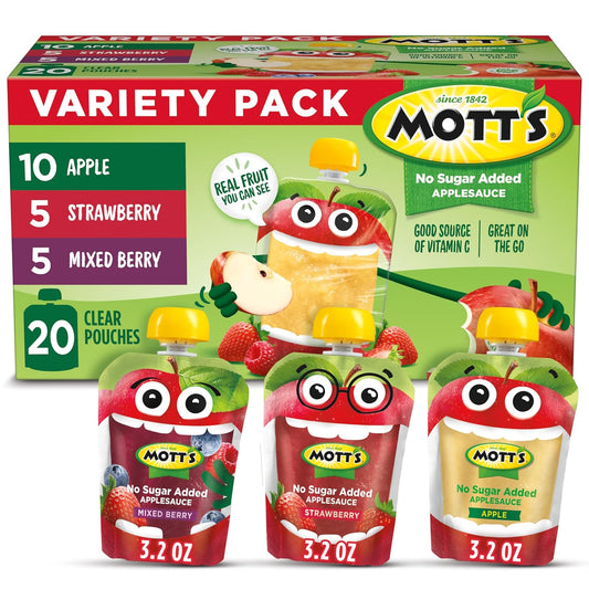 Mott's No Sugar Added Applesauce Variety Pack, 3 Flavors, 20 Pack