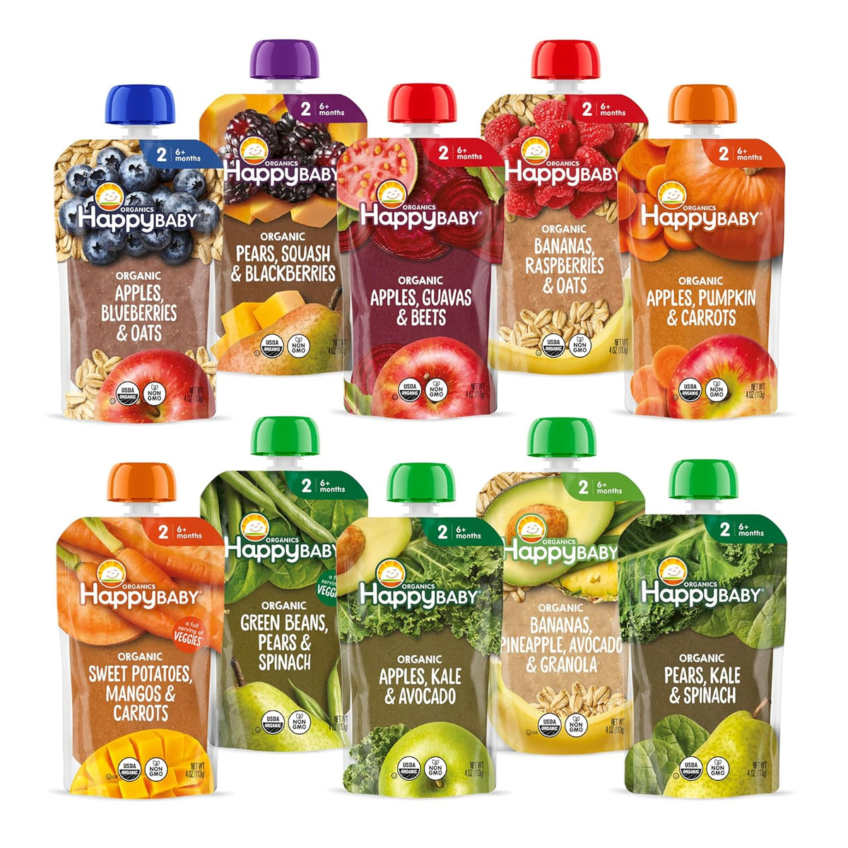 Happy Baby Organics Stage 2 Baby Food Pouches, 10 Count, 4 Ounces Each, Gluten Free, Vegan