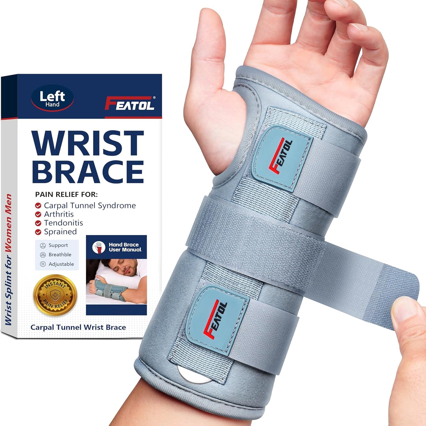 FEATOL Wrist Brace Hand Brace for Carpal Tunnel and Tendonitis Support Right Hand Small/Medium