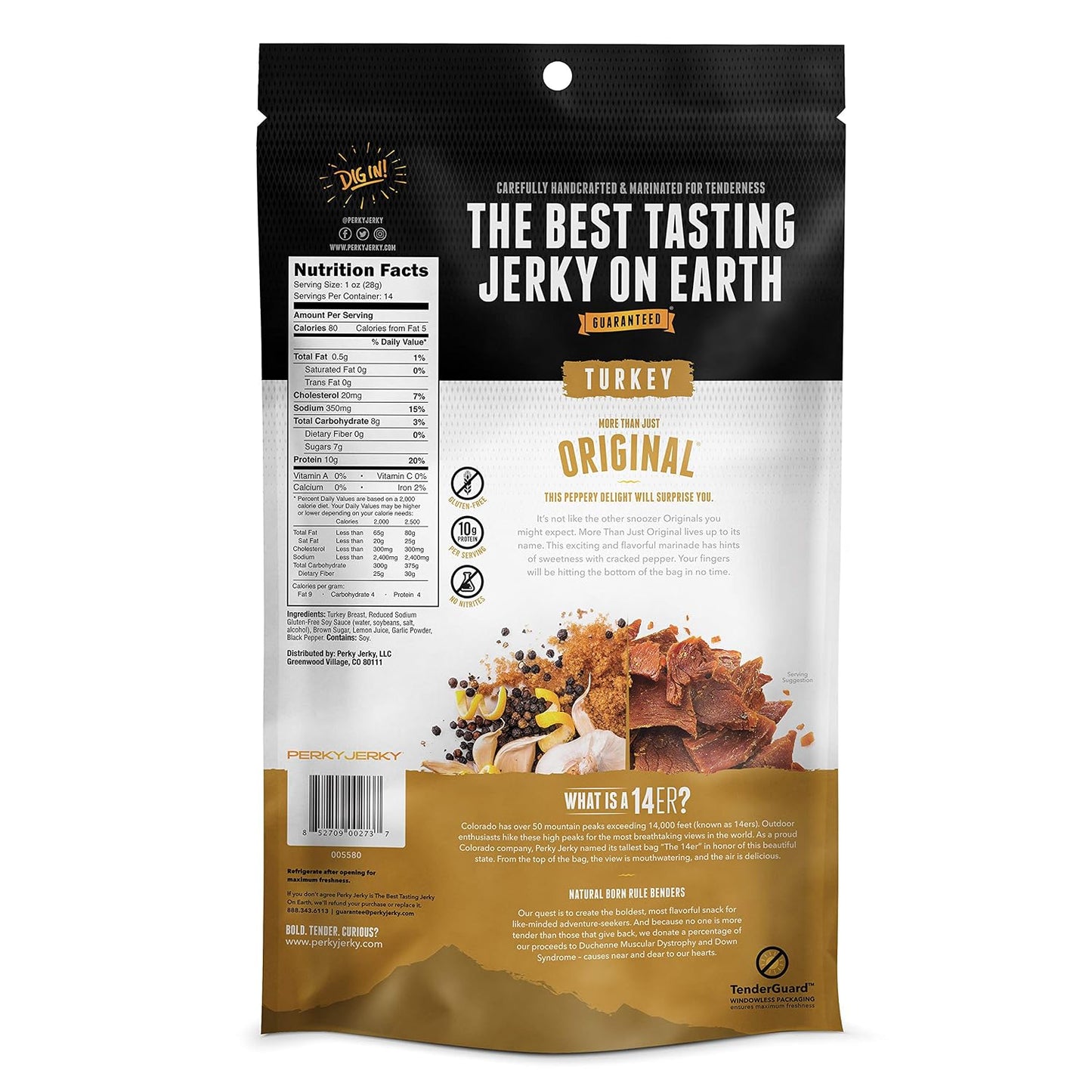 Perky Jerky Original Turkey Jerky, 14oz, Low Sodium, 10g Protein per Serving, Low Fat, 100% U.S. Sourced, Handcrafted, Tender Texture and Bold Flavor