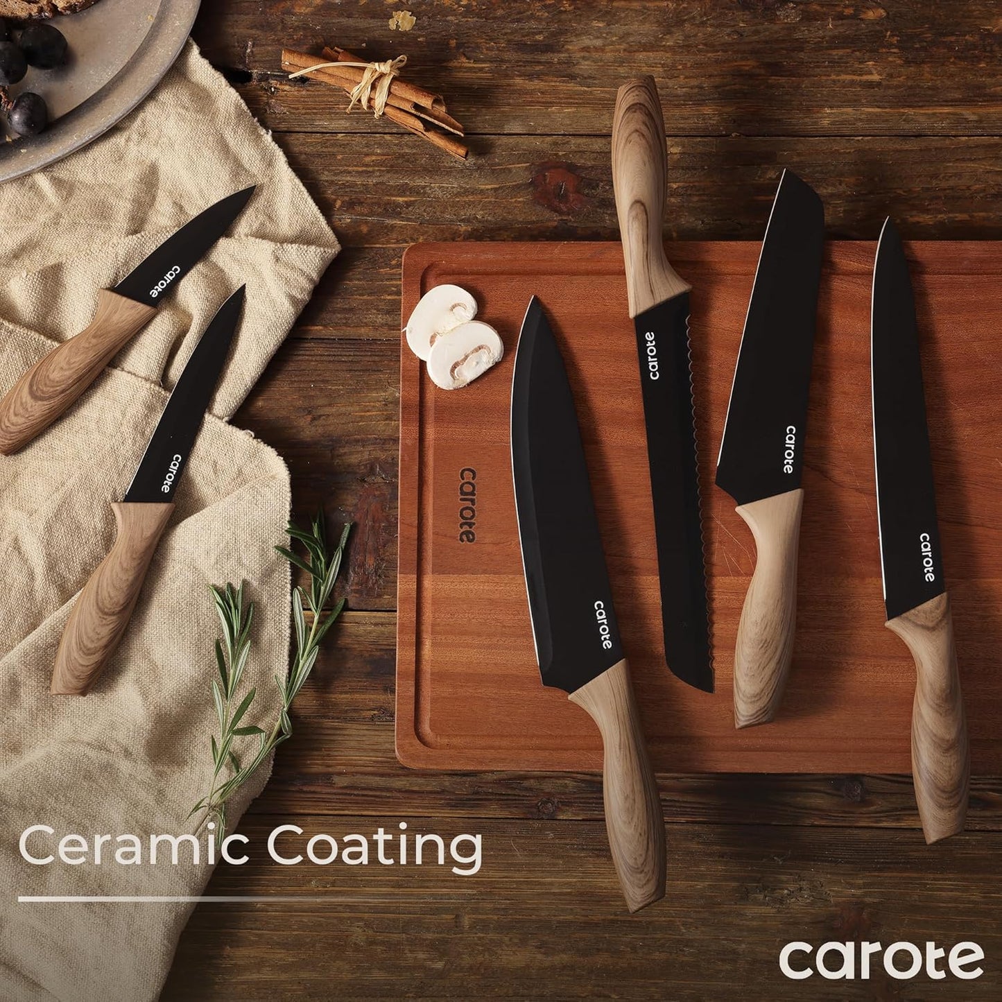 CAROTE 12-Piece Knife Set, Knives with Wood-Grain Finish Handles, Black | 6 Blade Guards, Stainless Steel Blade, Ceramic Nonstick Coating, Long-Lasting Sharpness, Rust-Resistant, Kitchen, Camping, RV
