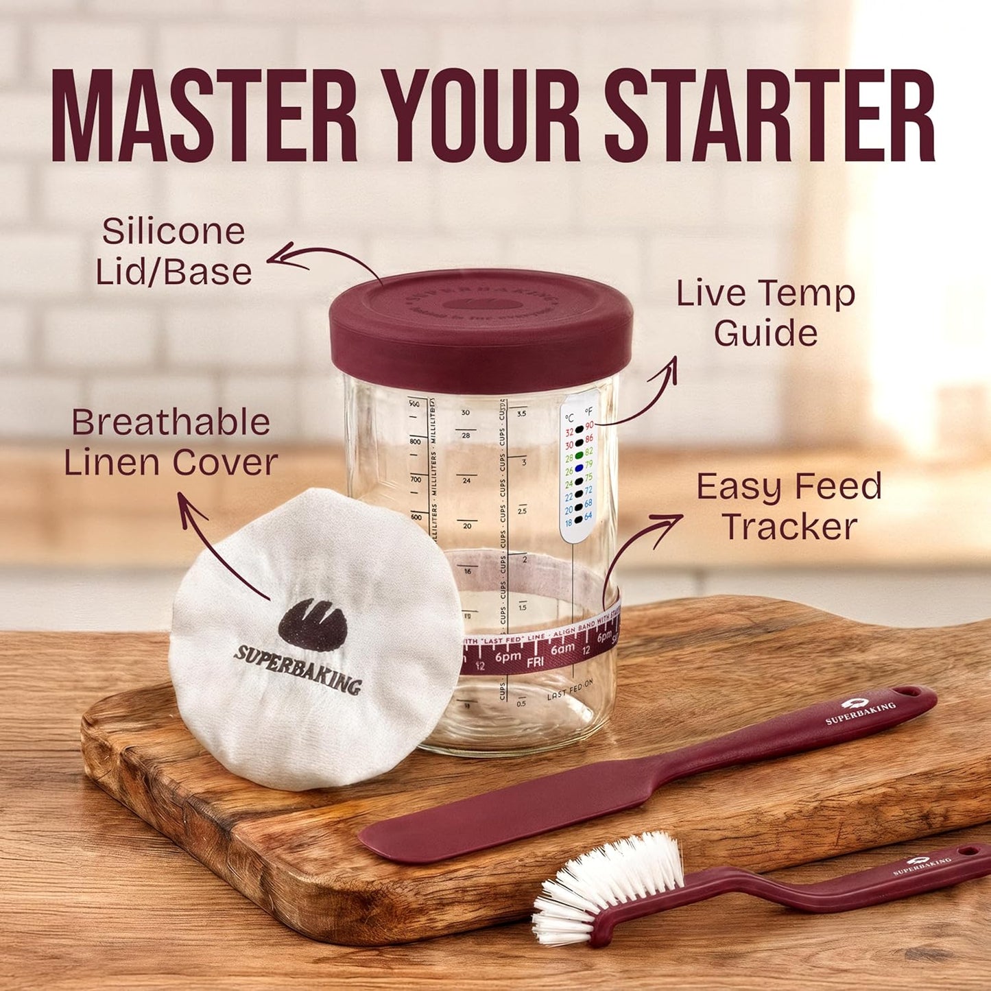 Superbaking Sourdough Starter Kit: 9" Banneton Basket, Silicone Sling & Jar | Non-Stick Silicone Dough Sling, Glass Starter Jar Kit, Splinter-Free, Sourdough Bread Baking Supplies