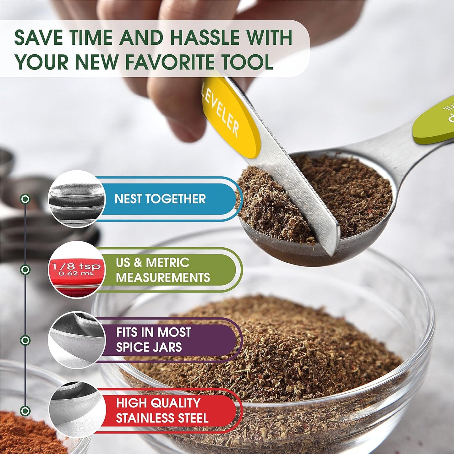 Spring Chef Magnetic Measuring Spoons Set of 8 for Kitchen, Multicolor | Stainless Steel Teaspoon & Tablespoon Measuring Spoons with Leveler for Dry & Liquid Ingredients, Dual Sided, Dishwasher Safe