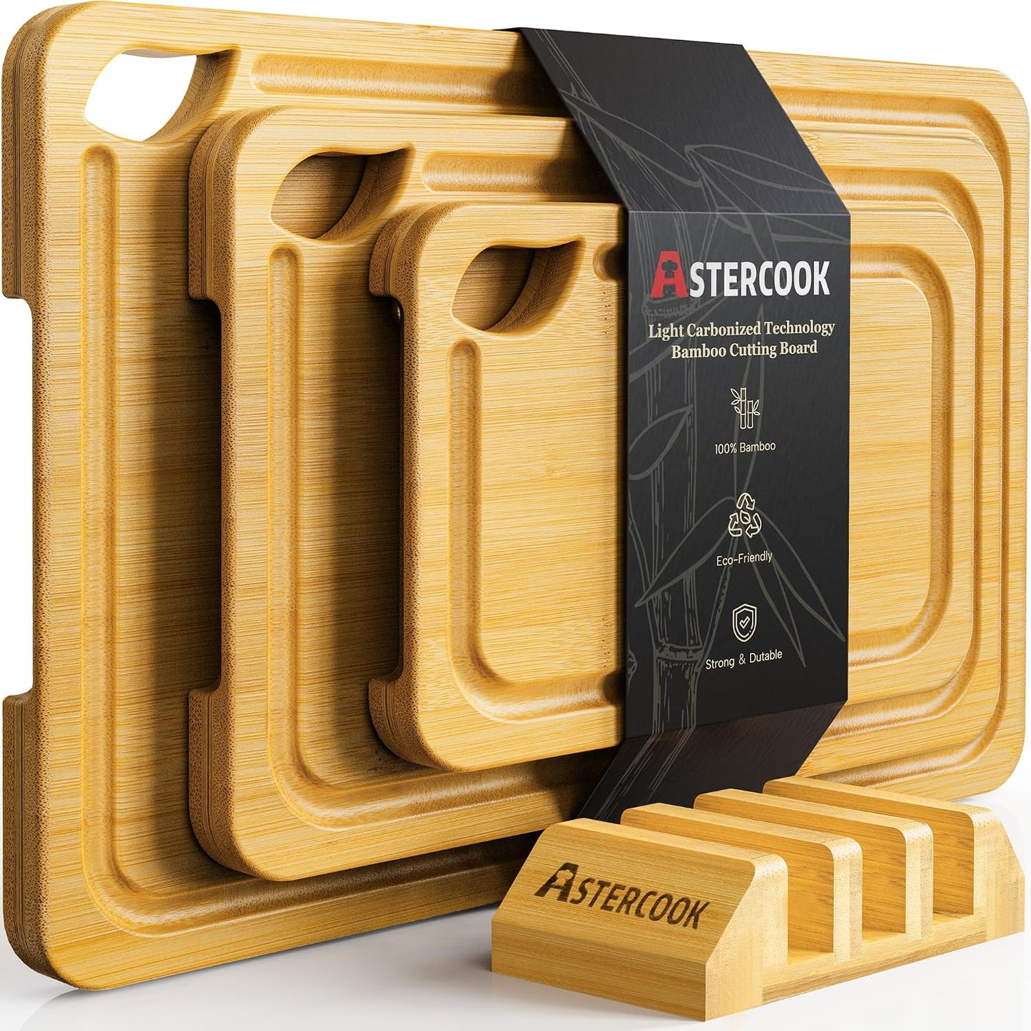 Astercook Deep-Carbonized Bamboo Cutting Boards for Kitchen with Wood Storage Stand, Reversible Charcuterie & Chopping Boards with Juice Grooves and Easy-Grip Handles, Fathers Day Gift for Men
