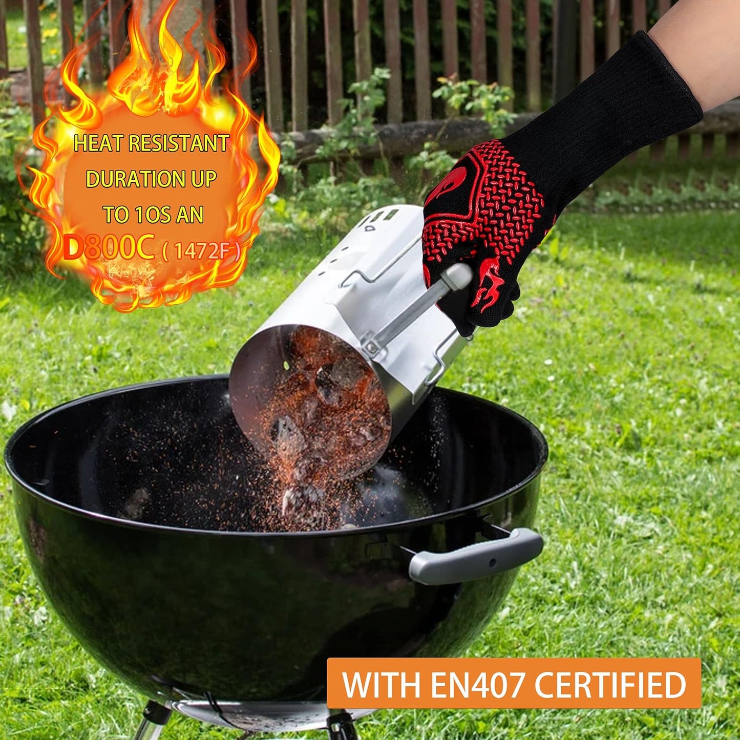 BBQ Gloves 1472F Heat Resistant Non-Slip Silicone 13.8in (Red) | Grill Cut-Resistant, Oven Kitchen Safe for Barbecue, Cooking, Frying, Oven Mitts