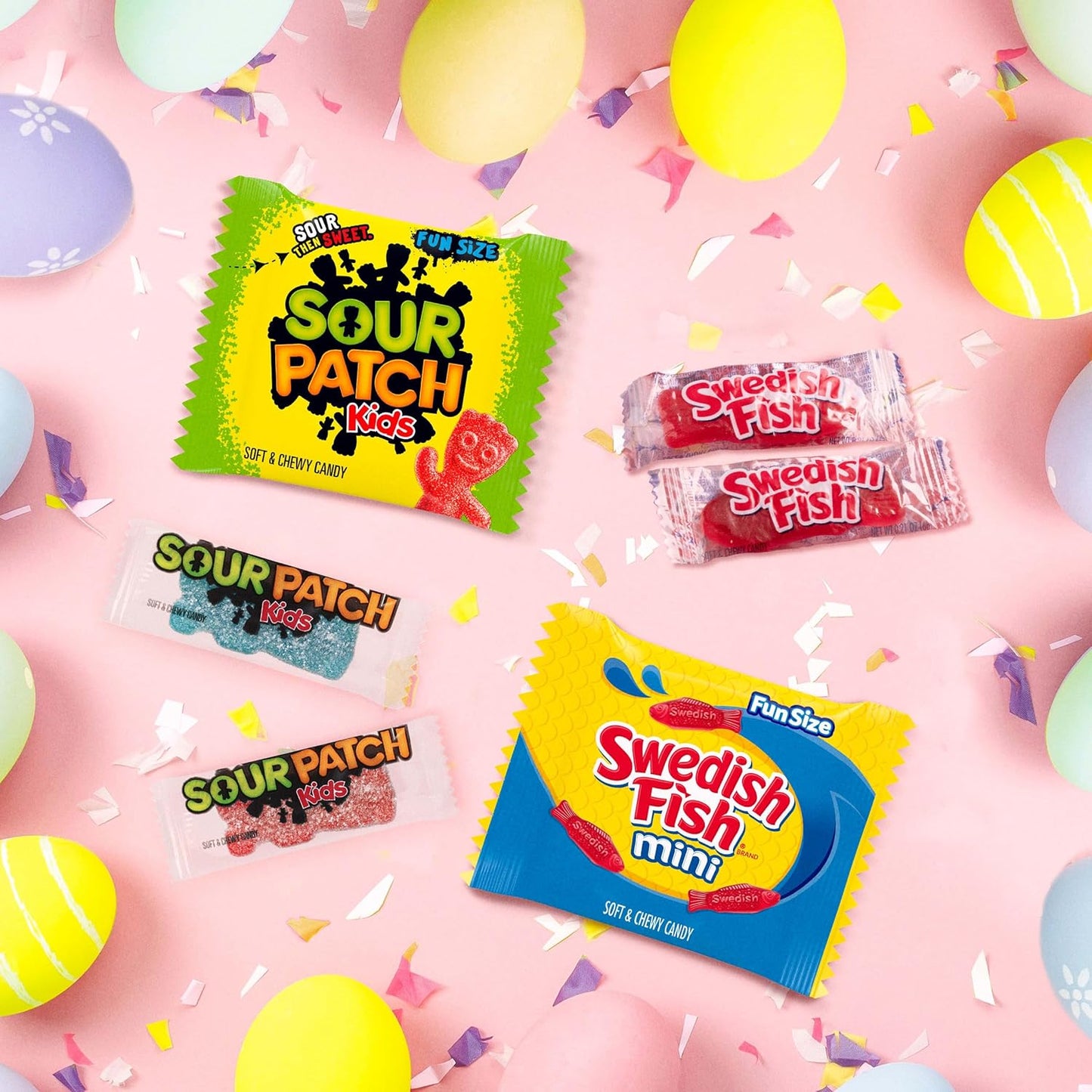 sour patch kids, sour patch kids big kids, swedish fish and swedish fish mini assorted soft & chewy easter candy variety pack, bulk, 140 snack packs