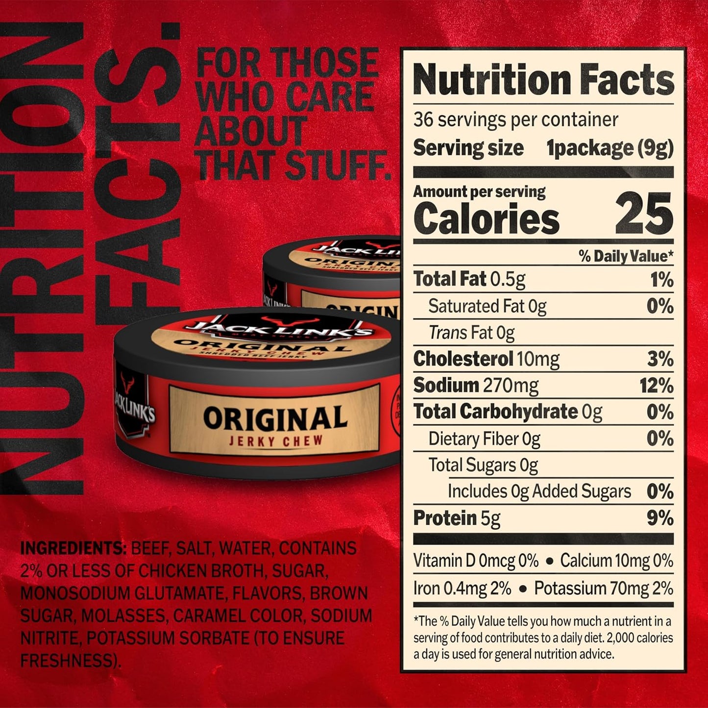 Jack Link's Original Beef Jerky Chew, 36 Pack, 0.32 oz Tins, Ready to Eat Protein Snacks